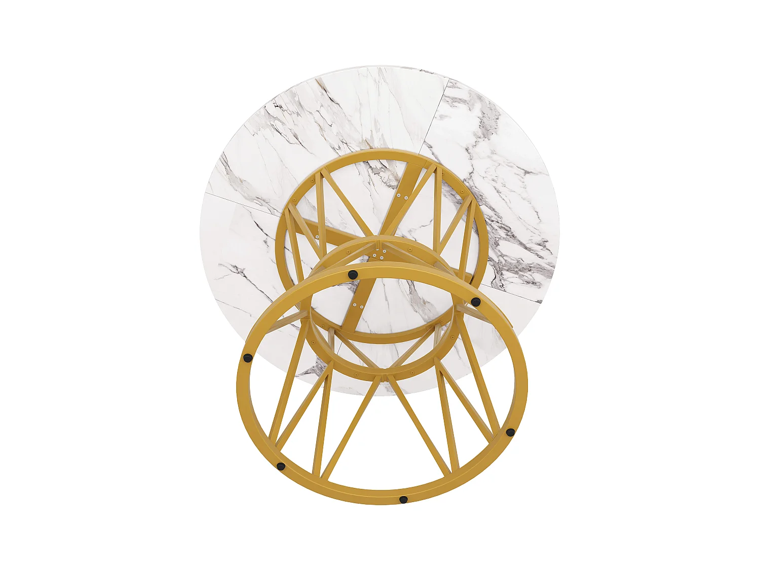 Table à manger ronde 100x100x76cm 4 personnes avec plateau en placage marbre blanc, cadre en métal doré