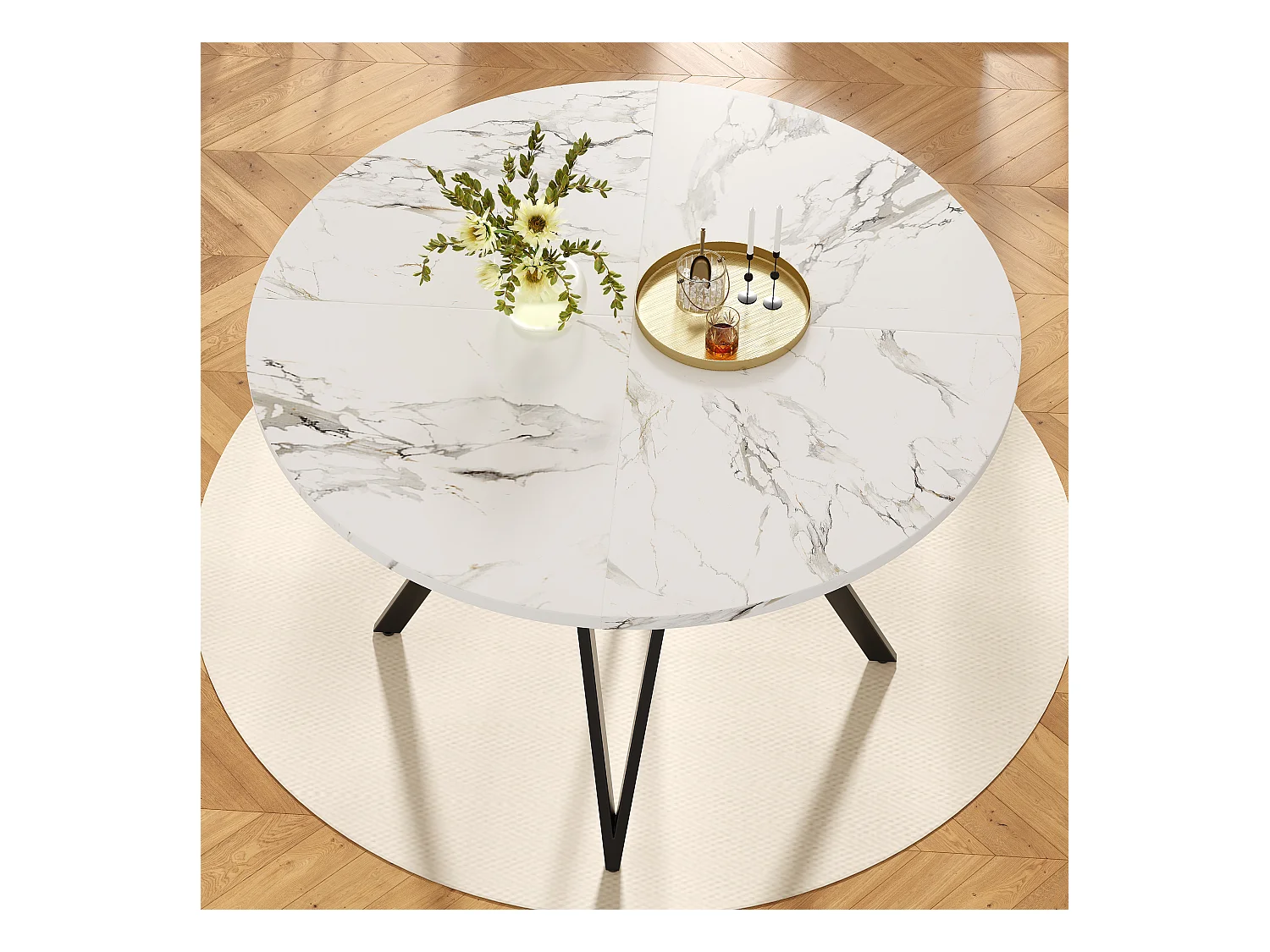 Table à manger ronde 100x100x76cm avec plateau en placage marbre blanc, pieds en métal noir réglable