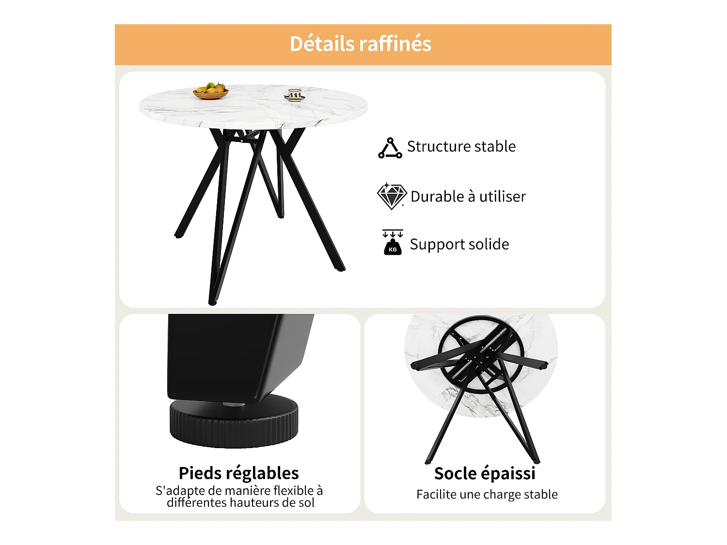 Table à manger ronde 100x100x76cm avec plateau en placage marbre blanc, pieds en métal noir réglable