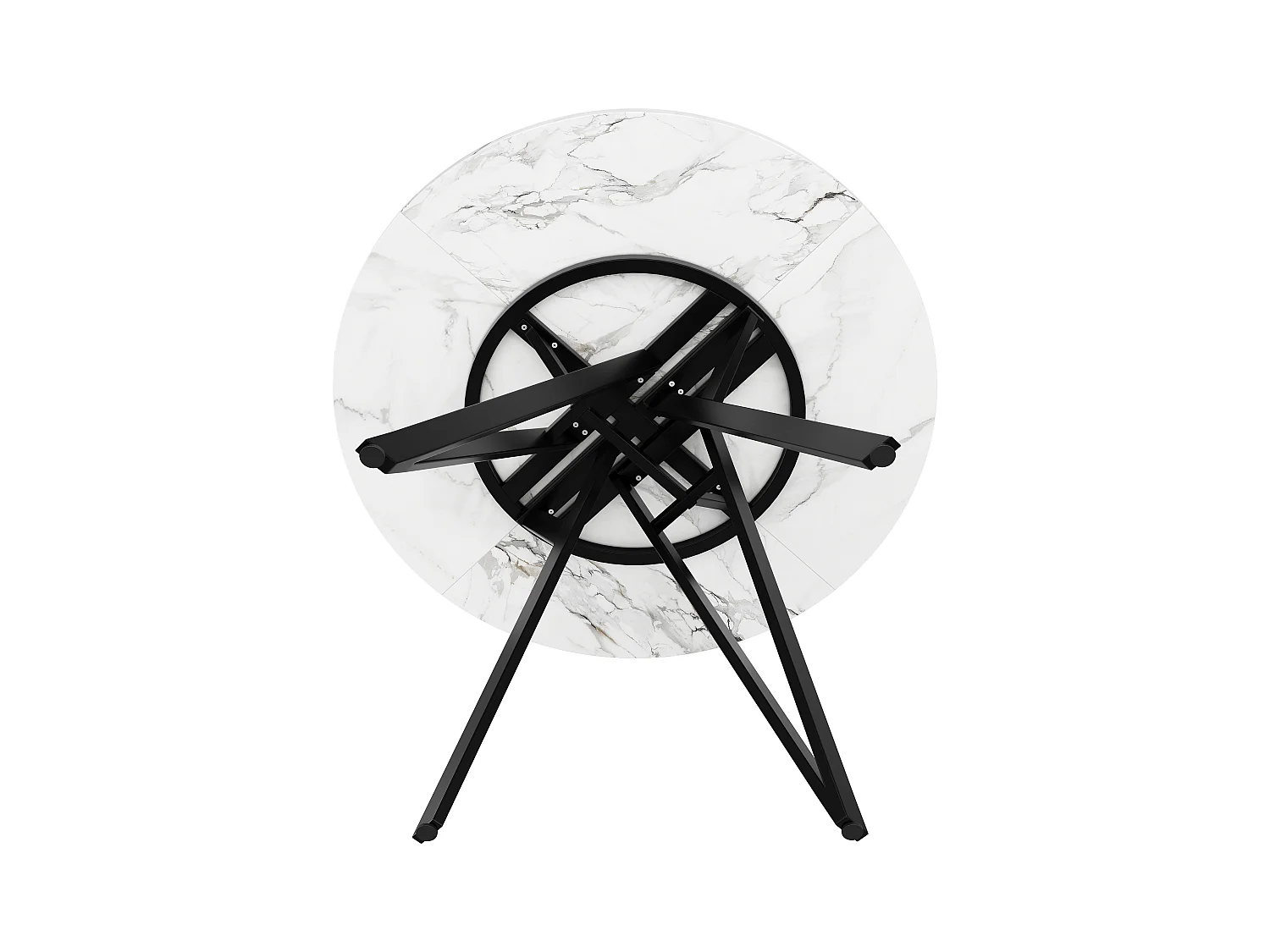 Table à manger ronde 100x100x76cm avec plateau en placage marbre blanc, pieds en métal noir réglable