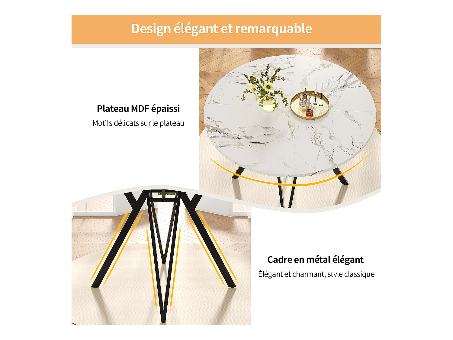 Ronde eettafel 100x100x76cm met wit marmeren fineer blad, verstelbare zwarte metalen poten