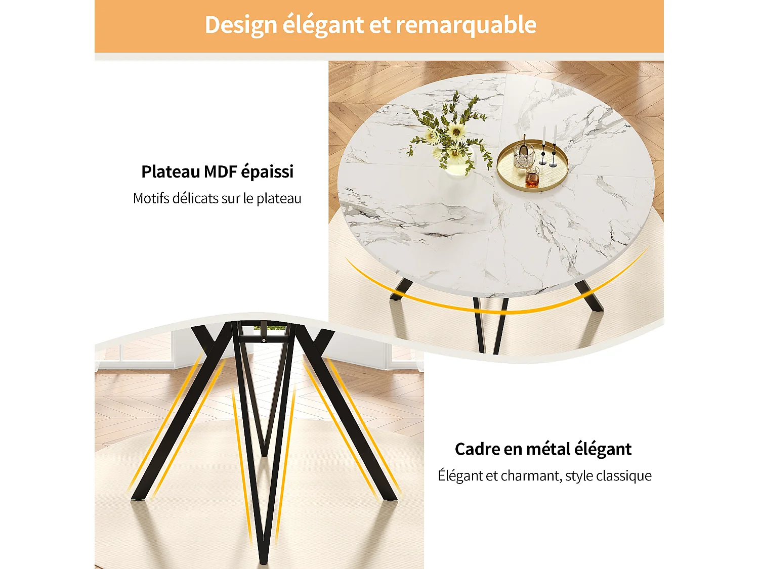 Tavolo da pranzo rotondo 100x100x76cm con piano in marmo bianco impiallacciato, gambe regolabili in metallo nero