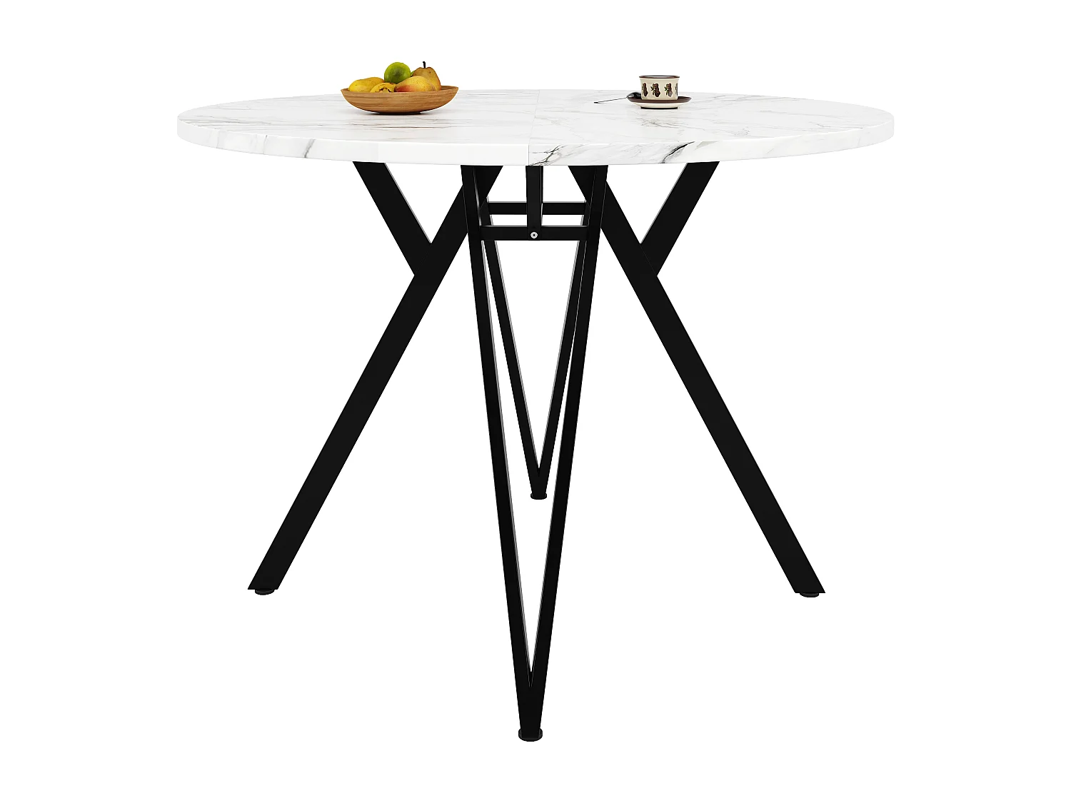 Tavolo da pranzo rotondo 100x100x76cm con piano in marmo bianco impiallacciato, gambe regolabili in metallo nero