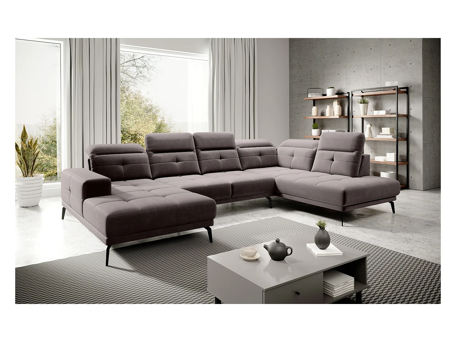 Canapé d’angle panoramique VERSUS tissu – Appuie-têtes réglables-Marron clair-angle droit