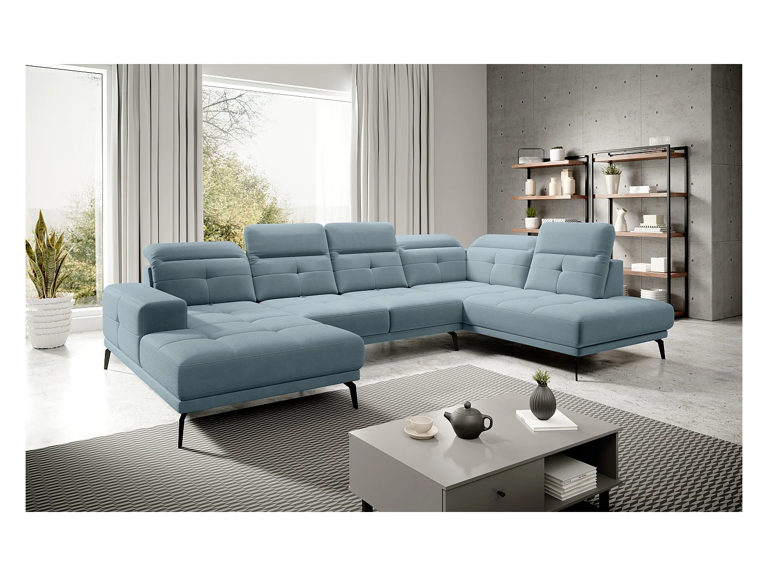 Canapé d’angle panoramique VERSUS tissu – Appuie-têtes réglables-Bleu ardoise-angle droit