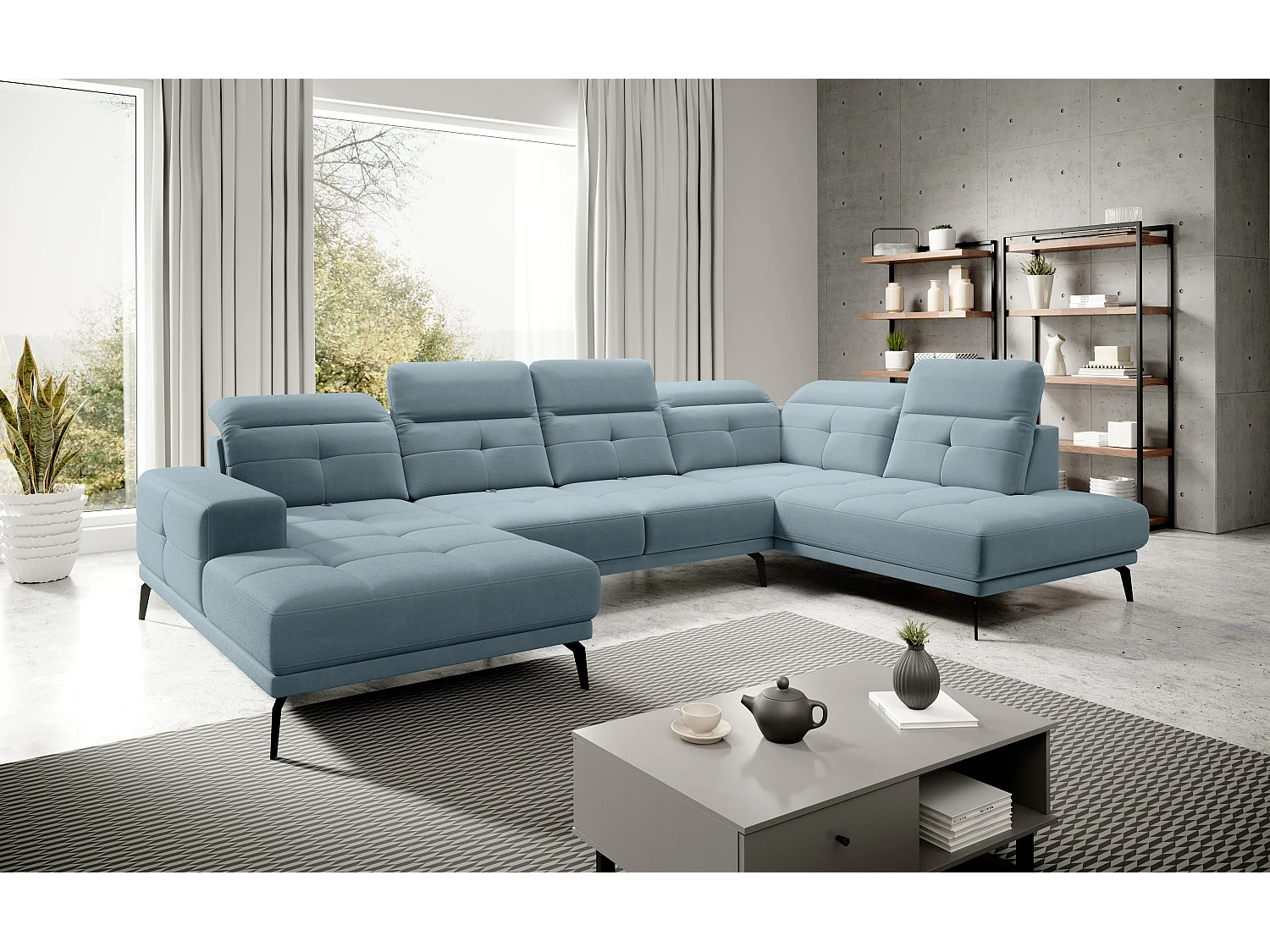 Canapé d’angle panoramique VERSUS tissu – Appuie-têtes réglables-Bleu ardoise-angle droit