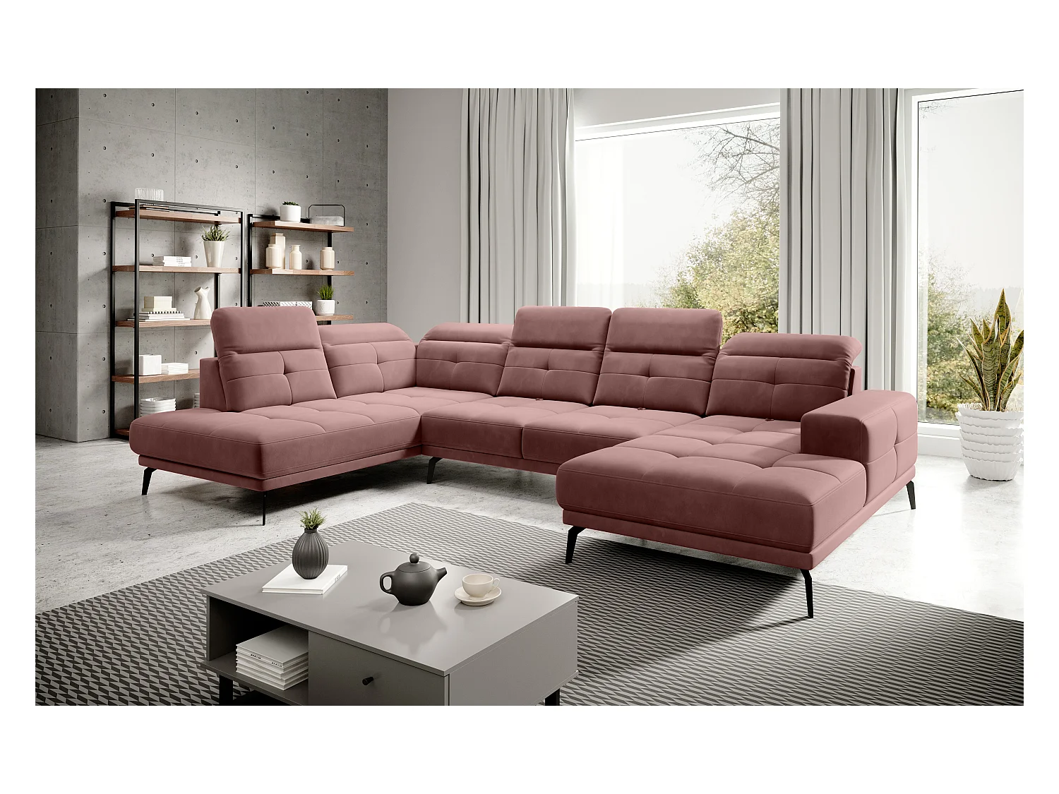 Canapé d’angle panoramique VERSUS tissu – Appuie-têtes réglables-Rose poudré-angle gauche