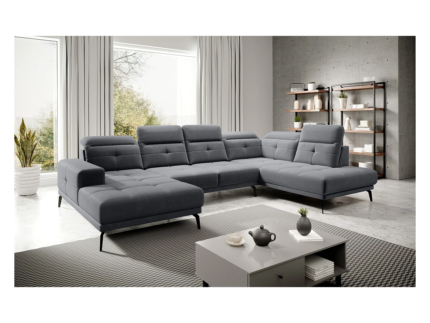 Canapé d’angle panoramique VERSUS tissu – Appuie-têtes réglables-Noir chiné-angle droit