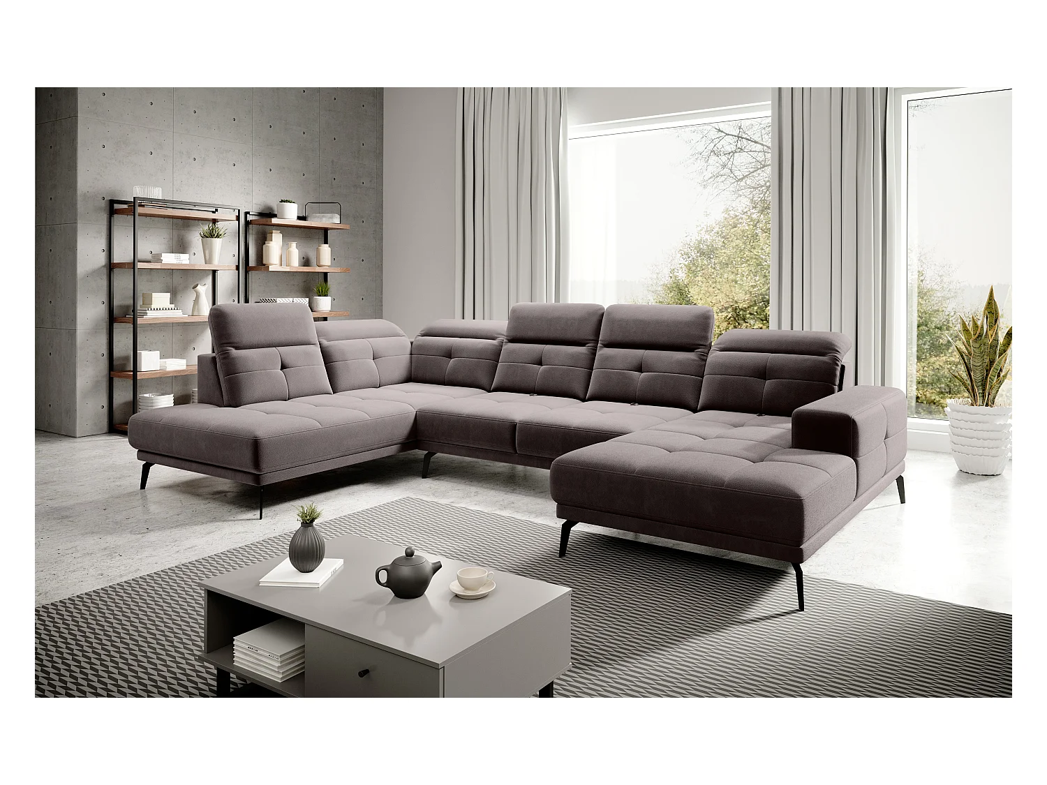 Canapé d’angle panoramique VERSUS tissu – Appuie-têtes réglables-Marron clair-angle gauche