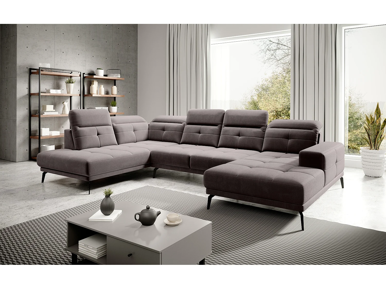 Canapé d’angle panoramique VERSUS tissu – Appuie-têtes réglables-Marron clair-angle gauche