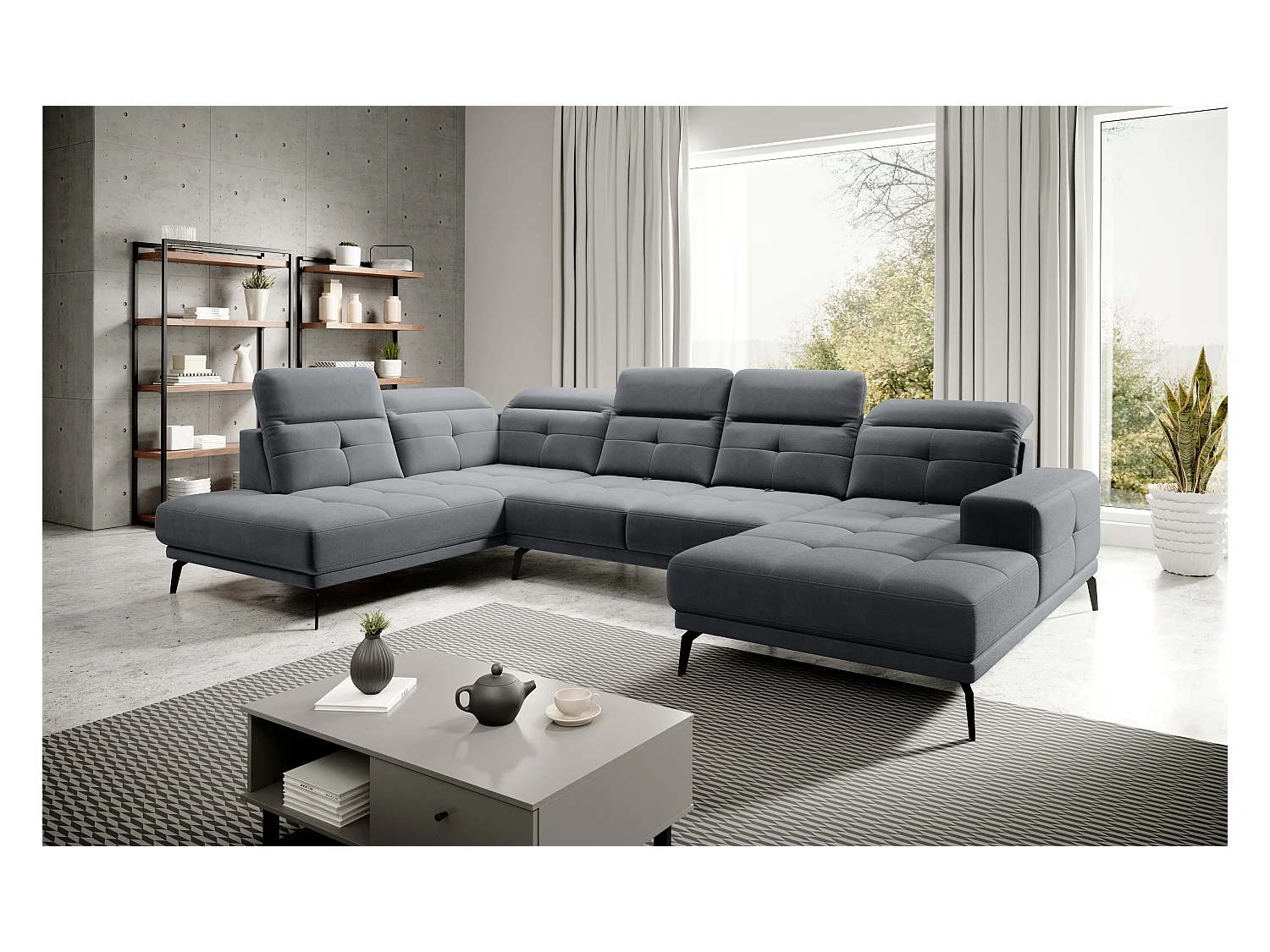 Canapé d’angle panoramique VERSUS tissu – Appuie-têtes réglables-Noir chiné-angle gauche