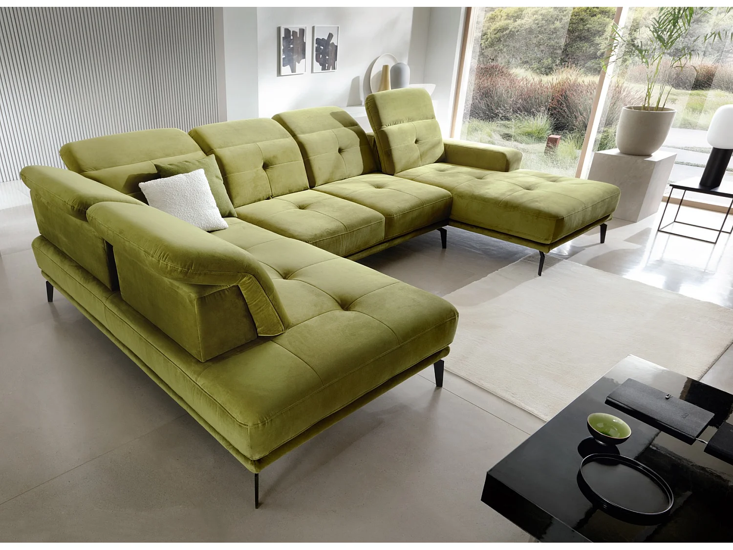 Canapé d’angle panoramique VERSUS tissu – Appuie-têtes réglables-Noir chiné-angle gauche