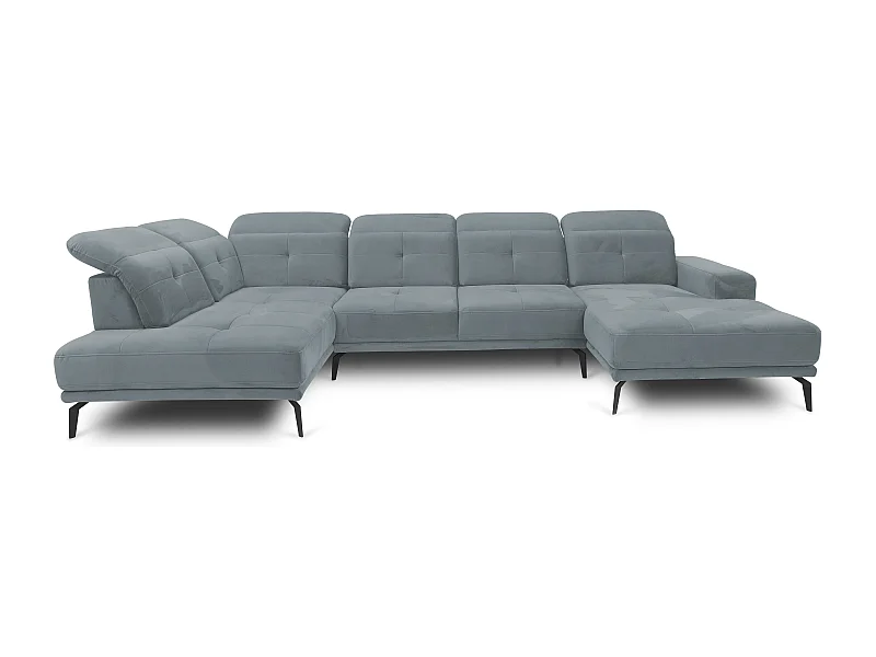 Canapé d’angle panoramique VERSUS tissu – Appuie-têtes réglables-Bleu ardoise-angle gauche