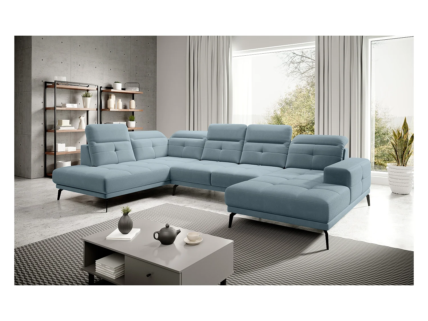 Canapé d’angle panoramique VERSUS tissu – Appuie-têtes réglables-Bleu ardoise-angle gauche