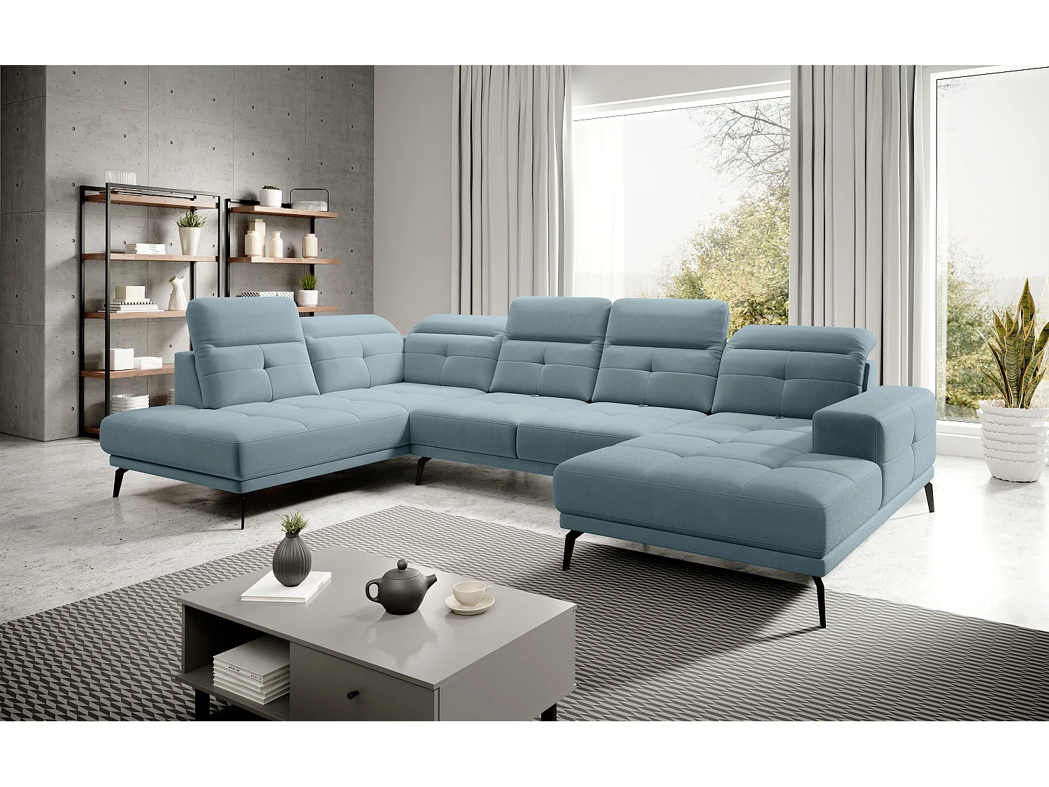 Canapé d’angle panoramique VERSUS tissu – Appuie-têtes réglables-Bleu ardoise-angle gauche