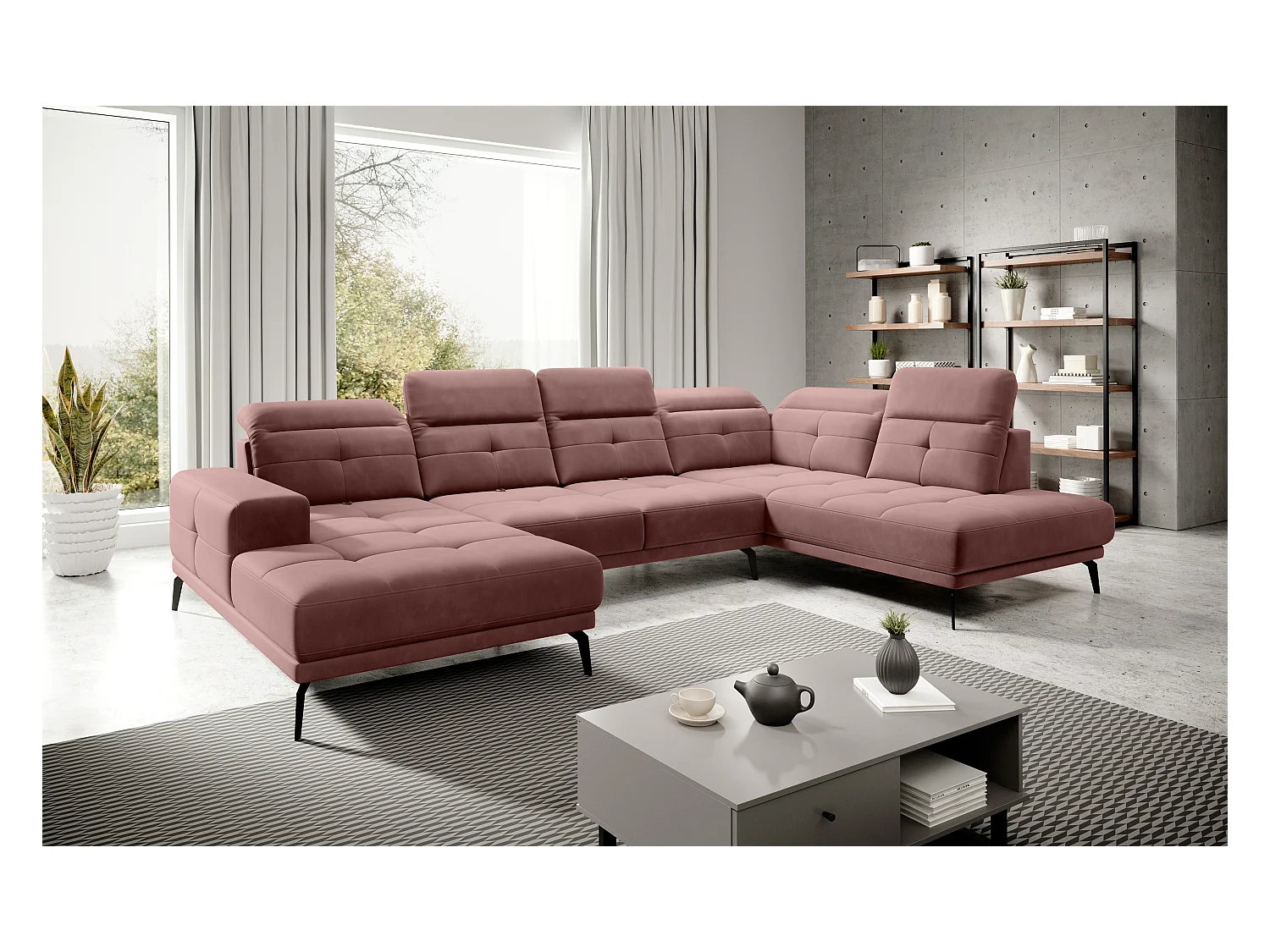 Canapé d’angle panoramique VERSUS tissu – Appuie-têtes réglables-Rose poudré-angle droit