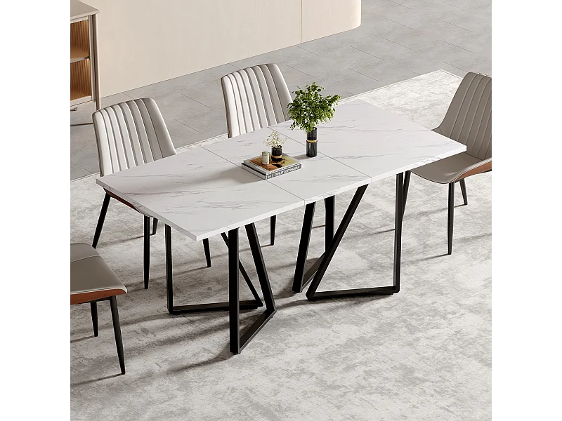 Table à manger rectangle extensible 4-6 personnes 160x73x74cm, plateau en placage marbre blanc avec pieds en métal noir