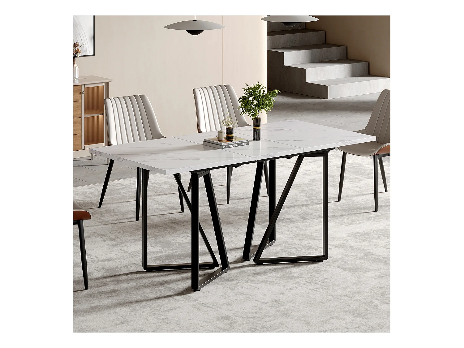 Table à manger rectangle extensible 4-6 personnes 160x73x74cm, plateau en placage marbre blanc avec pieds en métal noir