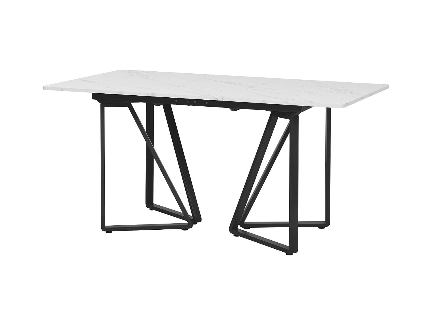 Table à manger rectangle extensible 4-6 personnes 160x73x74cm, plateau en placage marbre blanc avec pieds en métal noir