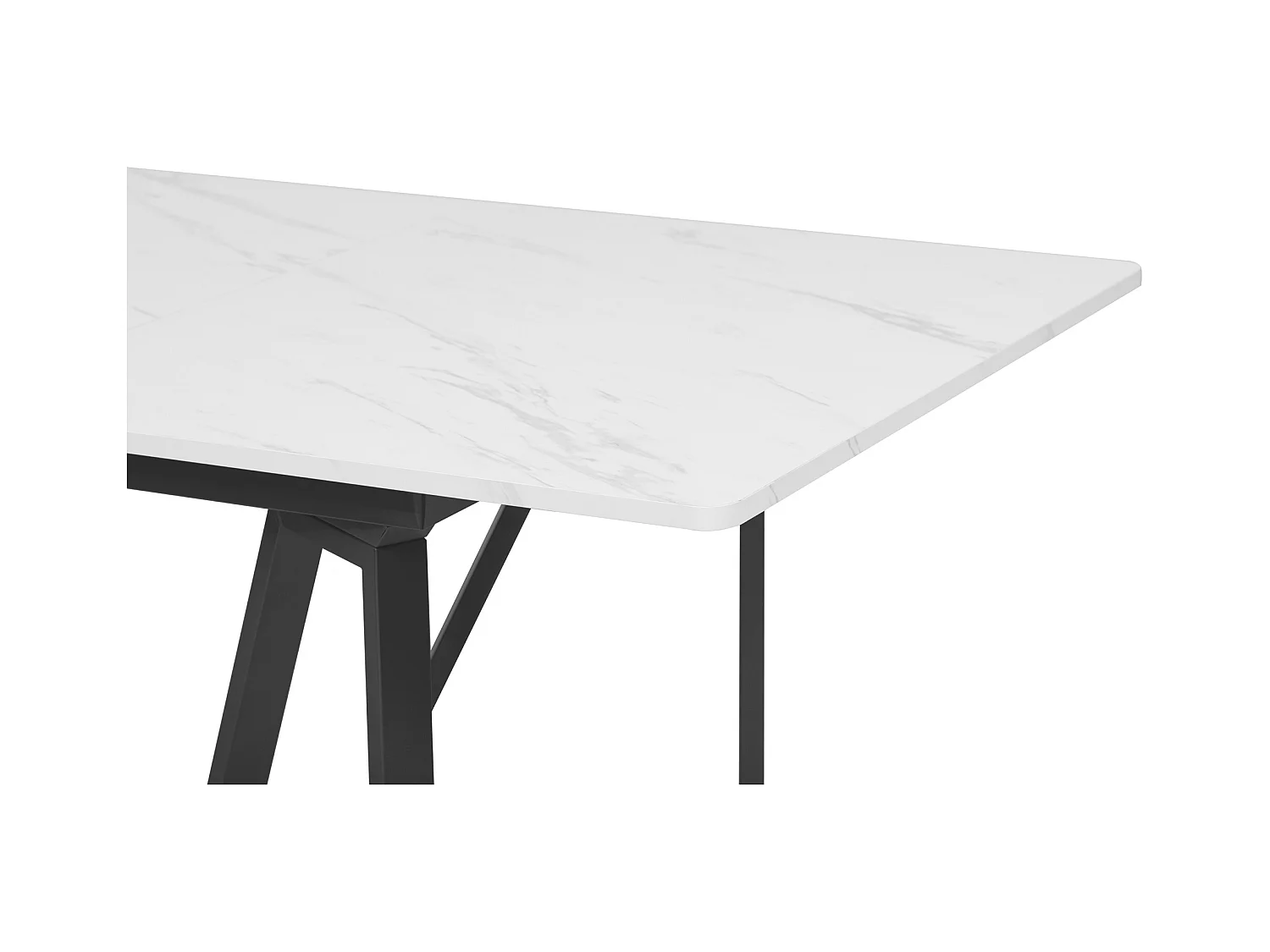 Table à manger rectangle extensible 4-6 personnes 160x73x74cm, plateau en placage marbre blanc avec pieds en métal noir