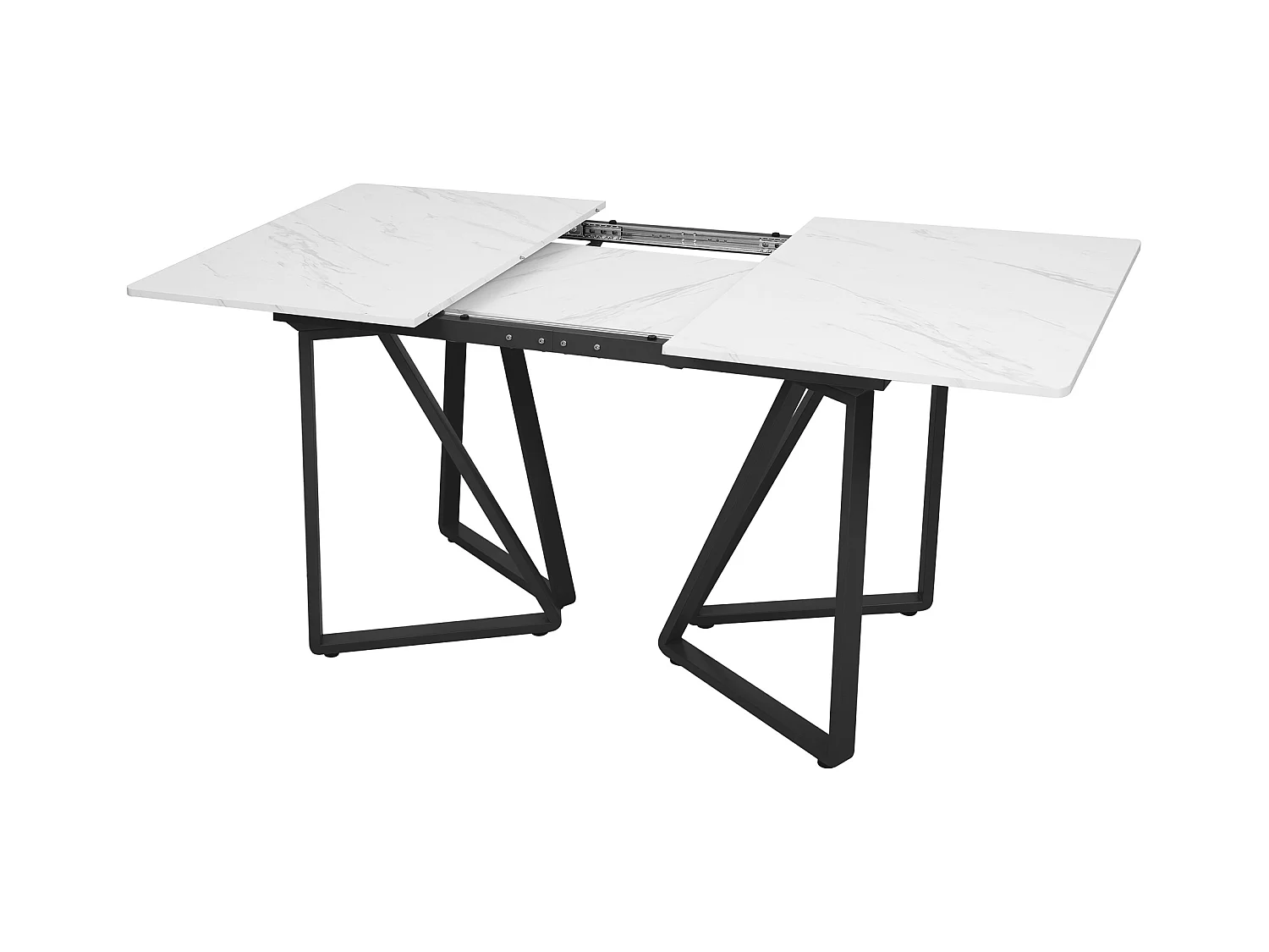 Table à manger rectangle extensible 4-6 personnes 160x73x74cm, plateau en placage marbre blanc avec pieds en métal noir