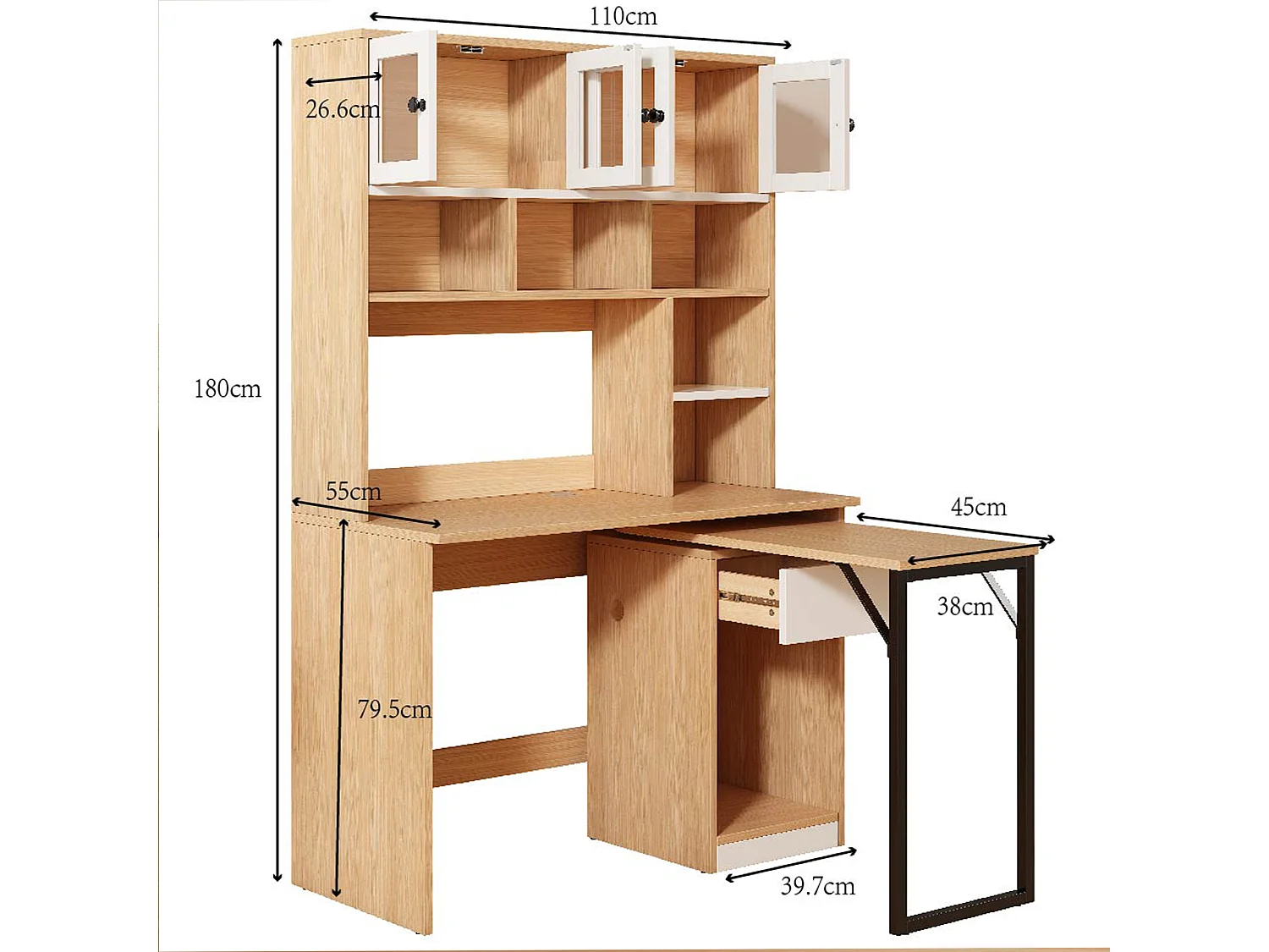 Escritorio de esquina extensible con tablero giratorio, gran espacio de almacenamiento integrado, en MDF natural claro - 110x55x180cm