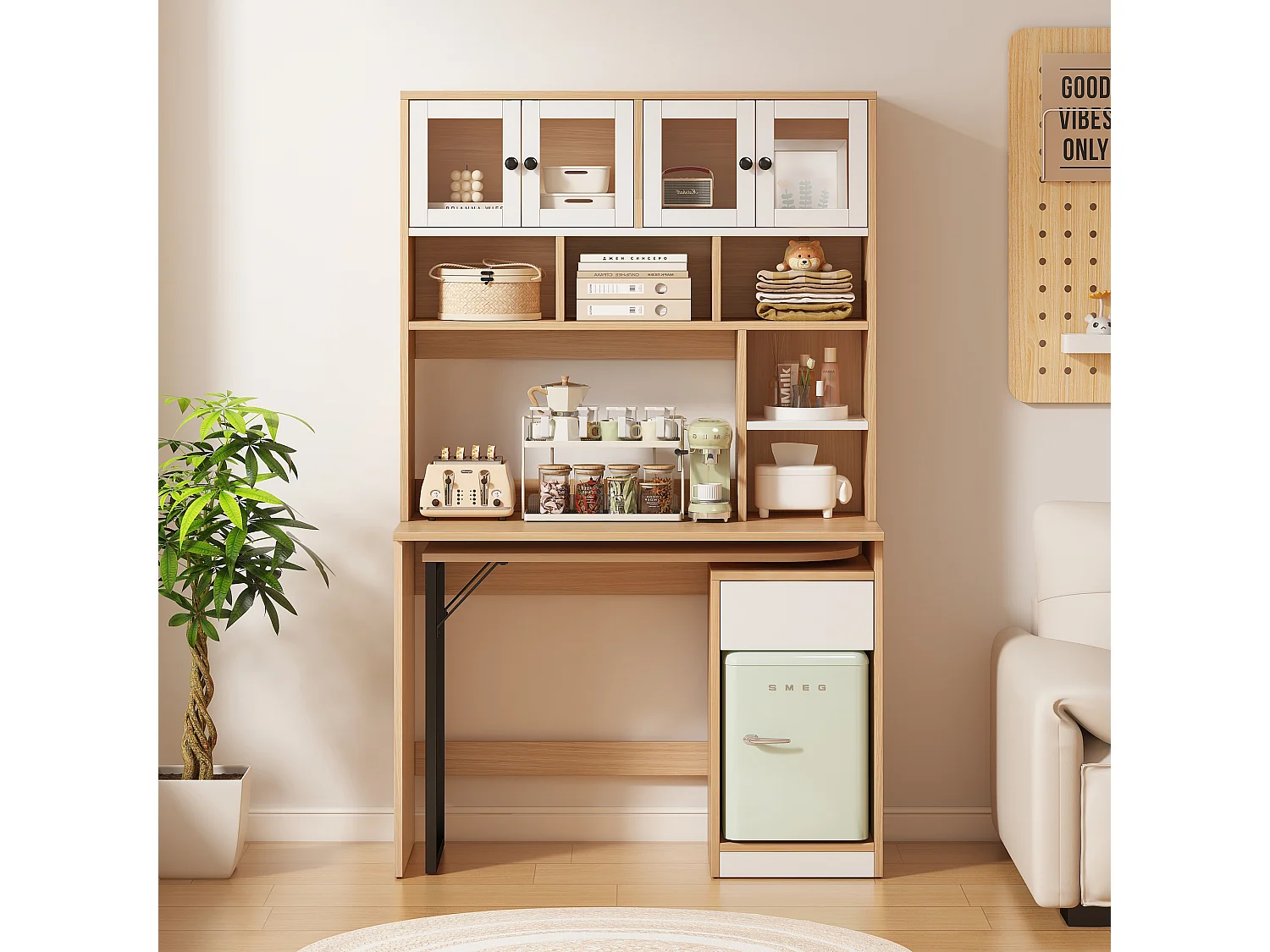 Escritorio de esquina extensible con tablero giratorio, gran espacio de almacenamiento integrado, en MDF natural claro - 110x55x180cm