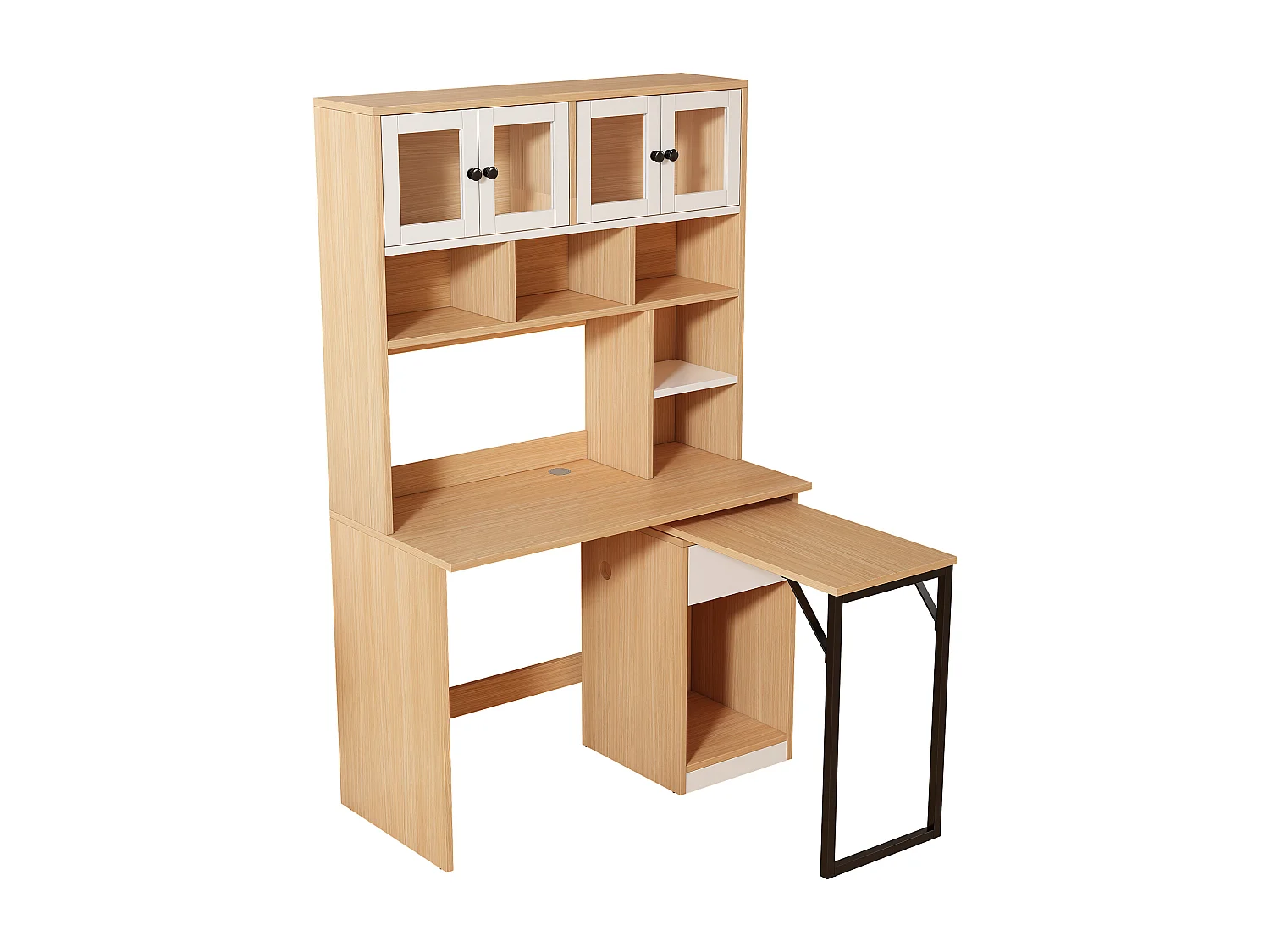 Escritorio de esquina extensible con tablero giratorio, gran espacio de almacenamiento integrado, en MDF natural claro - 110x55x180cm