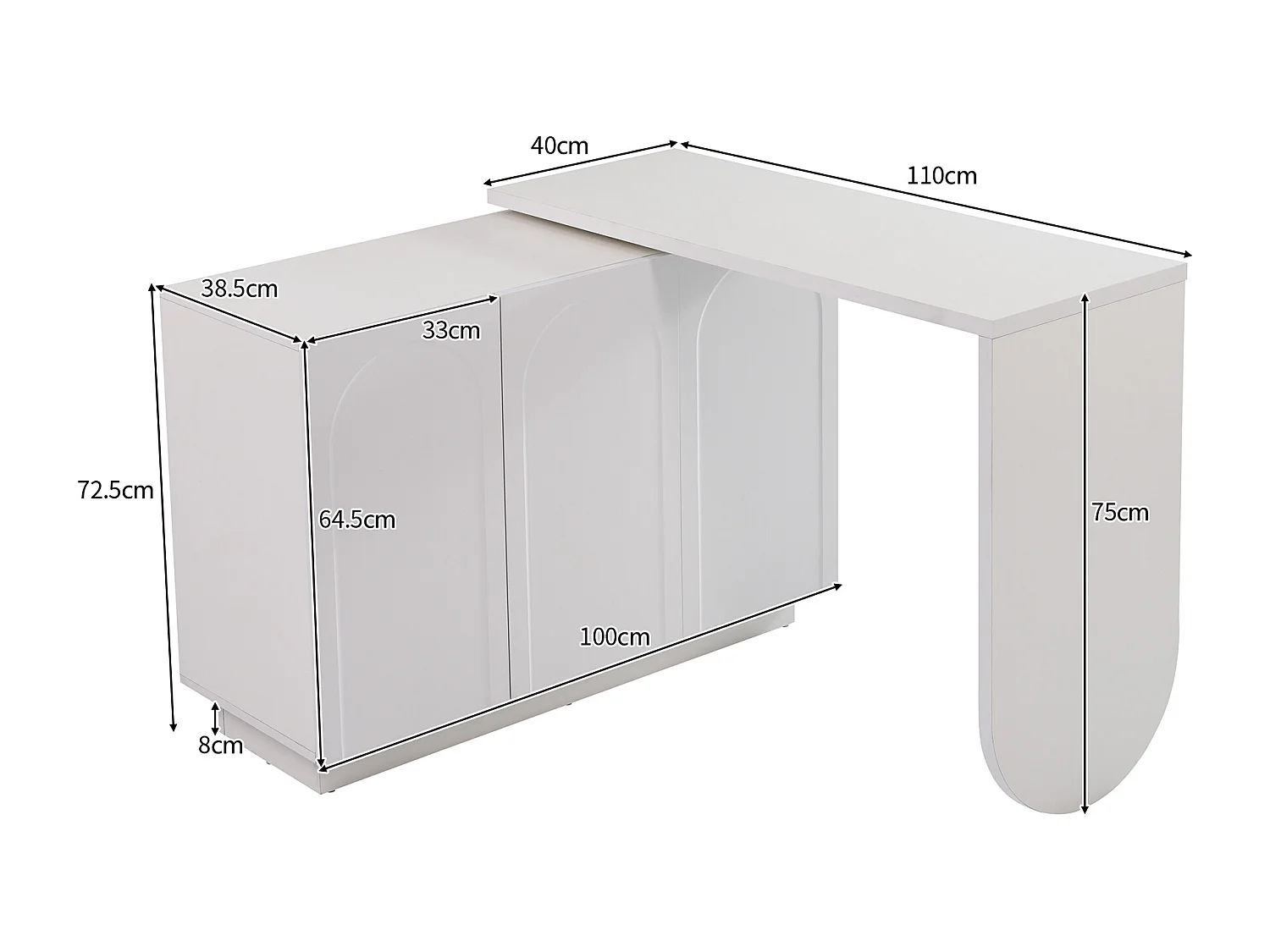 Scrivania angolare allungabile con piano girevole, scrivania con 3 ante, in MDF bianco - 110x40x75cm