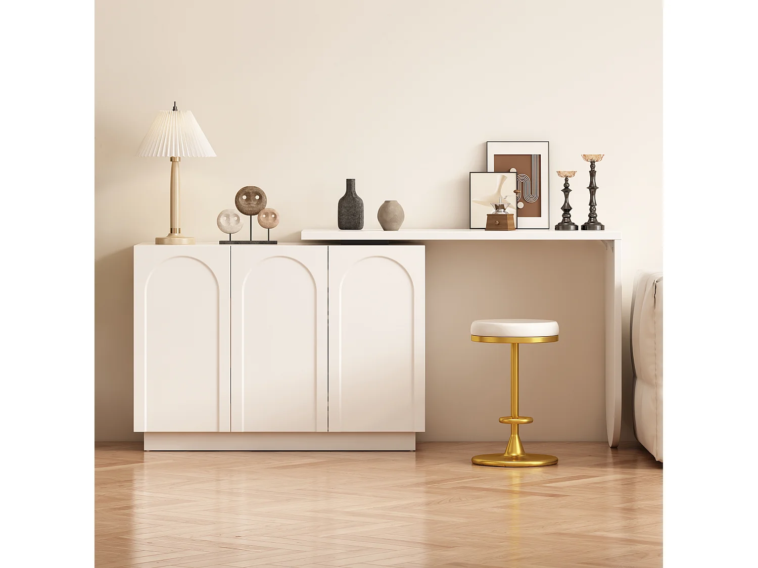 Scrivania angolare allungabile con piano girevole, scrivania con 3 ante, in MDF bianco - 110x40x75cm