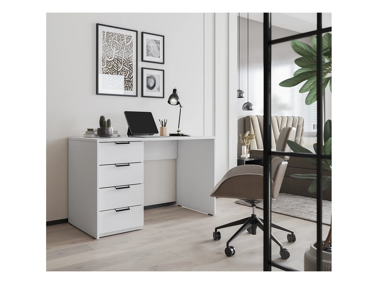 Bureau AROLD – 120 ou 140cm – Blanc mat ou bois Naturel-Blanc-Largeur 140 cm