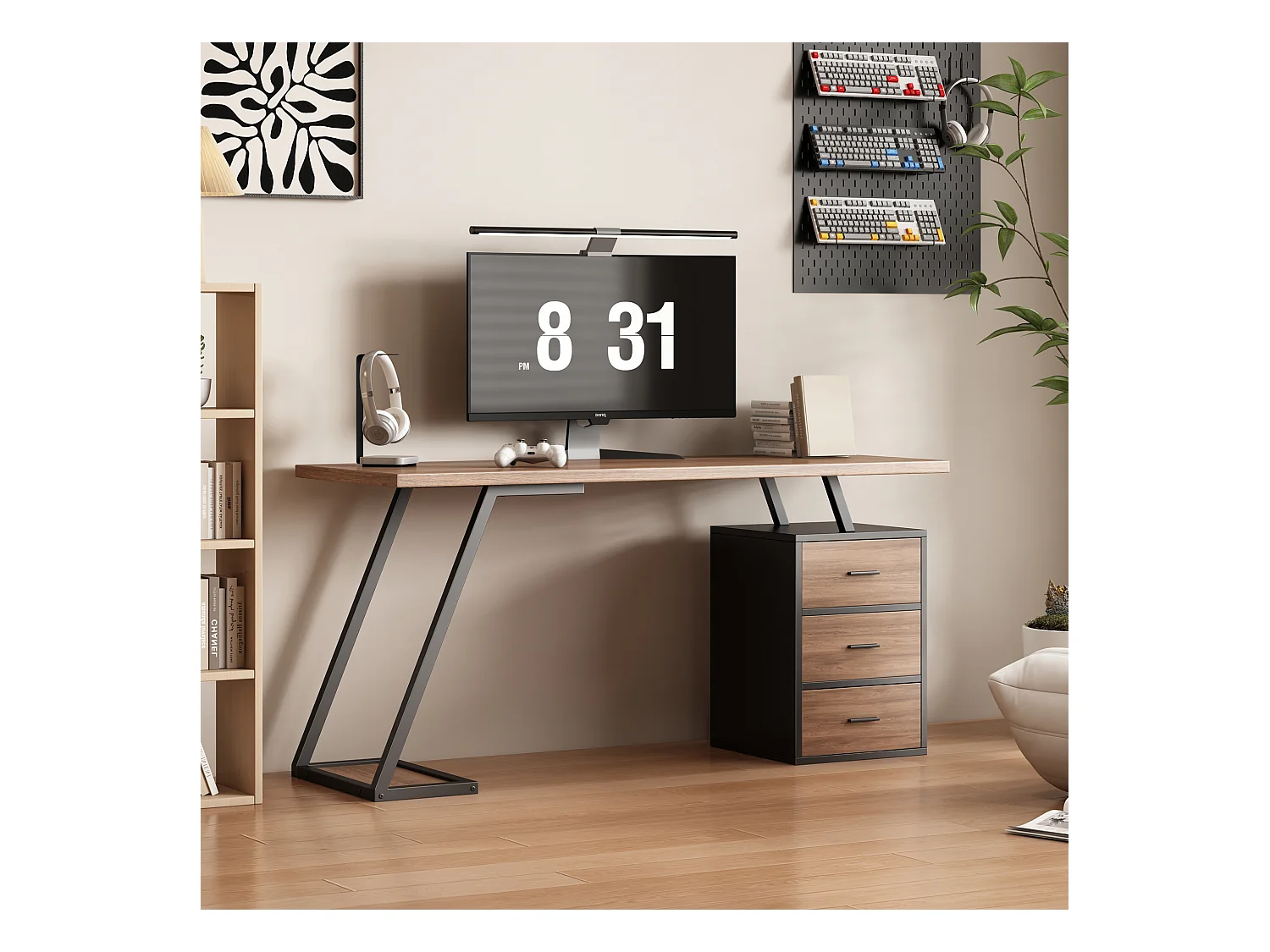 Bureau avec 3 tiroirs, cadre en métal noir et MDF en placage woodgrain marron - 138.5x58x75cm