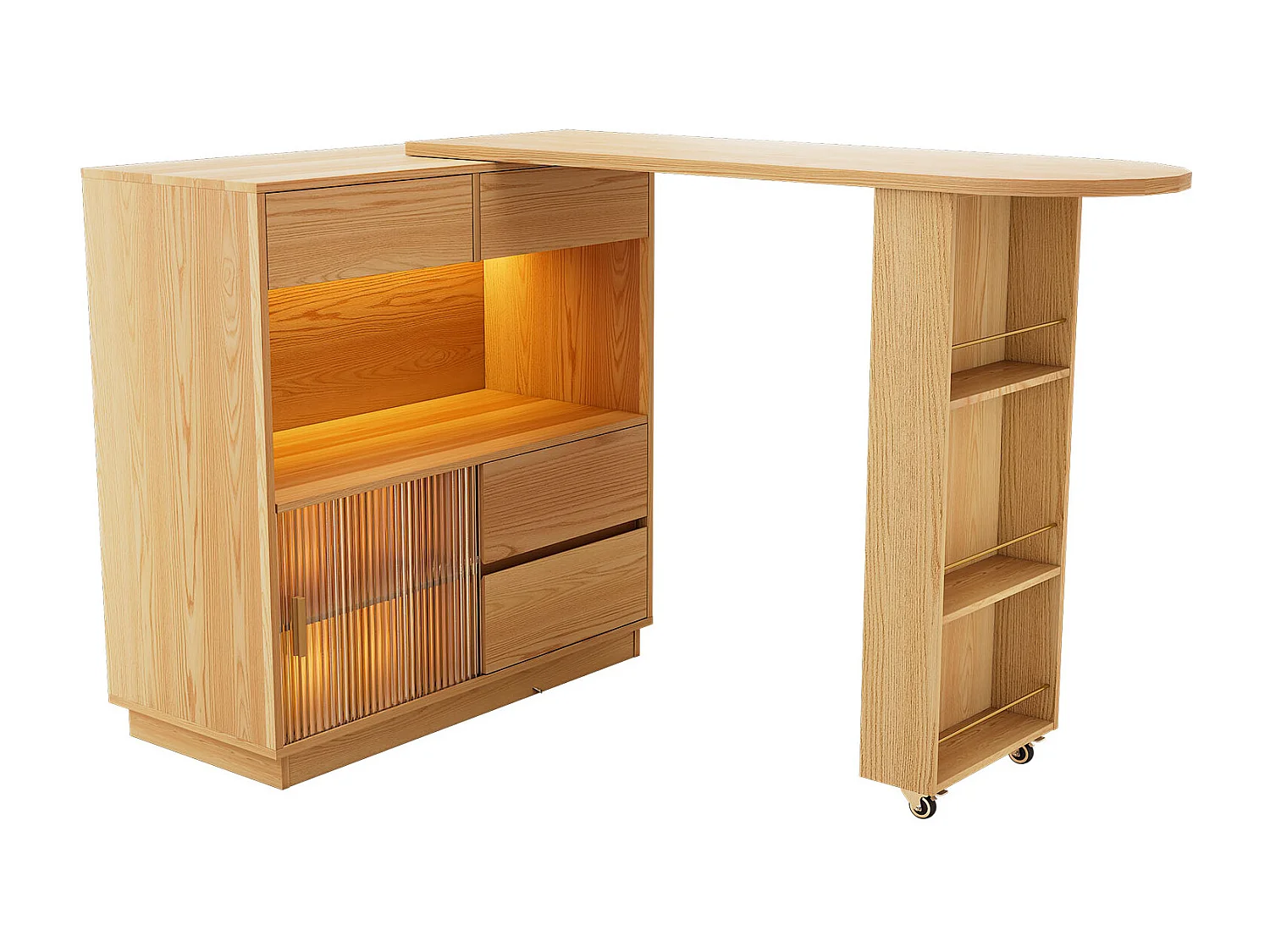 Bureau d'angle extensible avec plateau pivotant, 2 portes coulissantes en verre et 4 tiroirs, LED inclus, en MDF naturel clair - 120.7x45x94.8cm