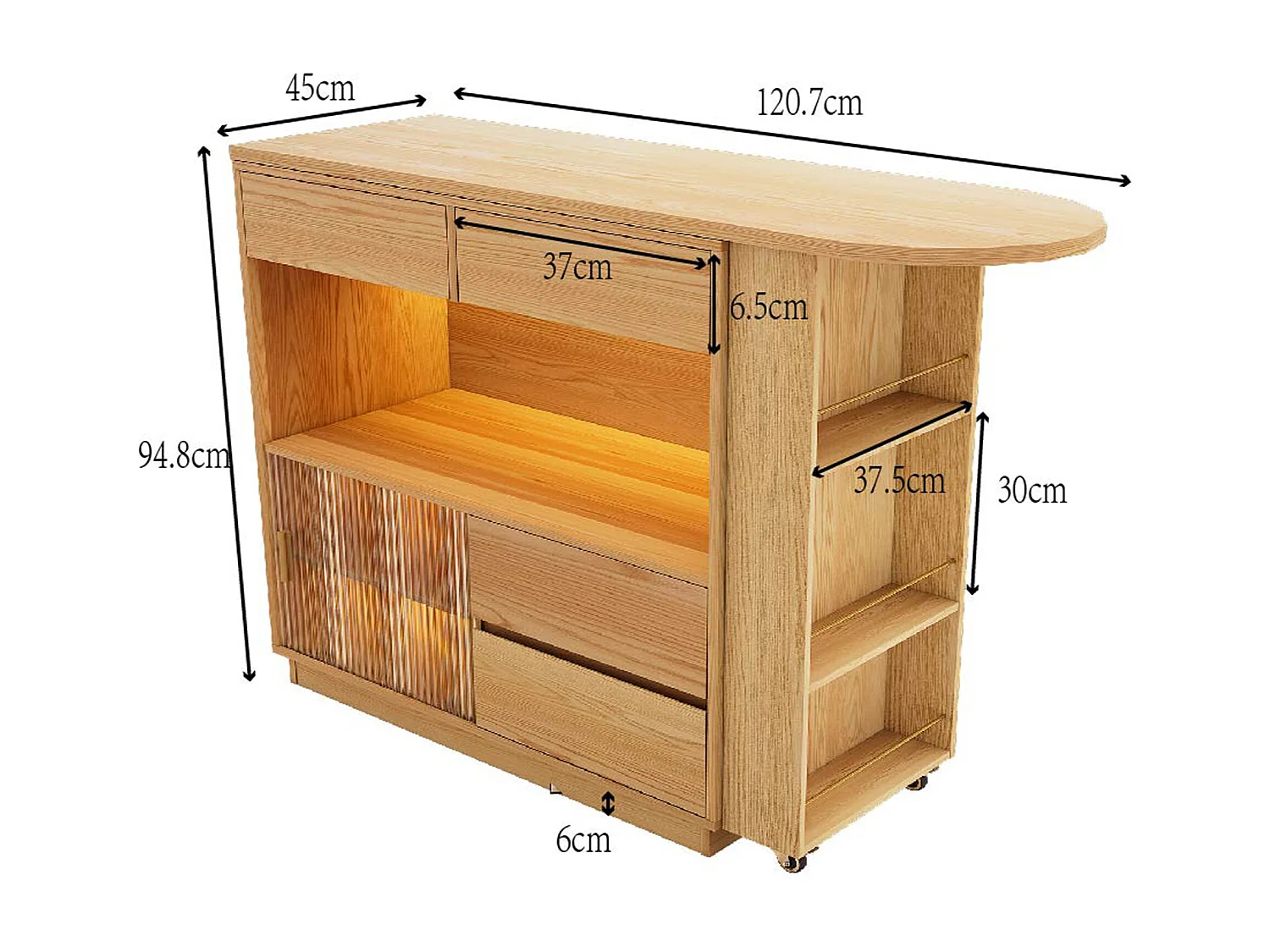 Bureau d'angle extensible avec plateau pivotant, 2 portes coulissantes en verre et 4 tiroirs, LED inclus, en MDF naturel clair - 120.7x45x94.8cm