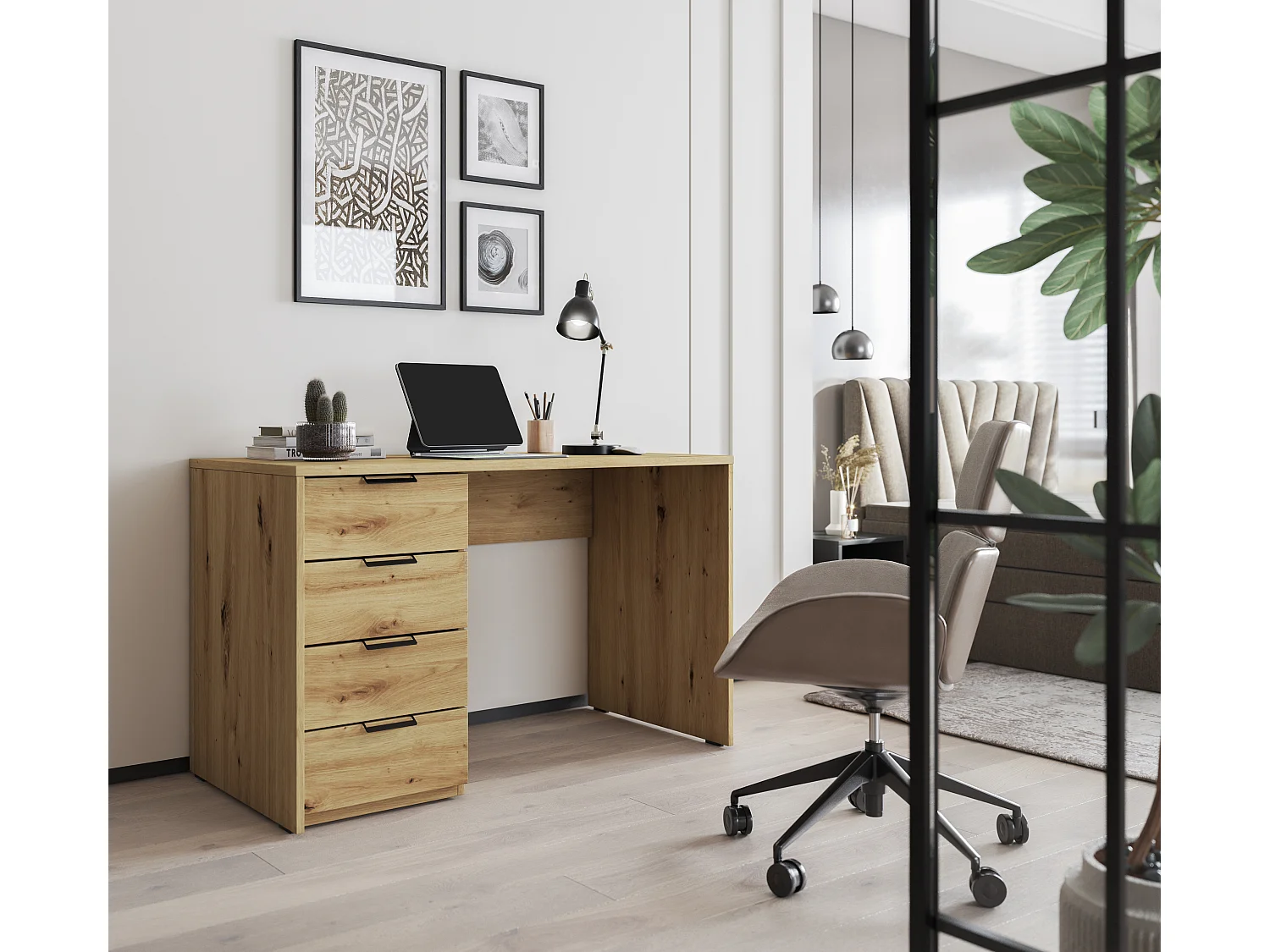 AROLD bureau – 120 of 140 cm – Mat wit of natuurlijk hout-Kleur Beige-Breedte 140cm