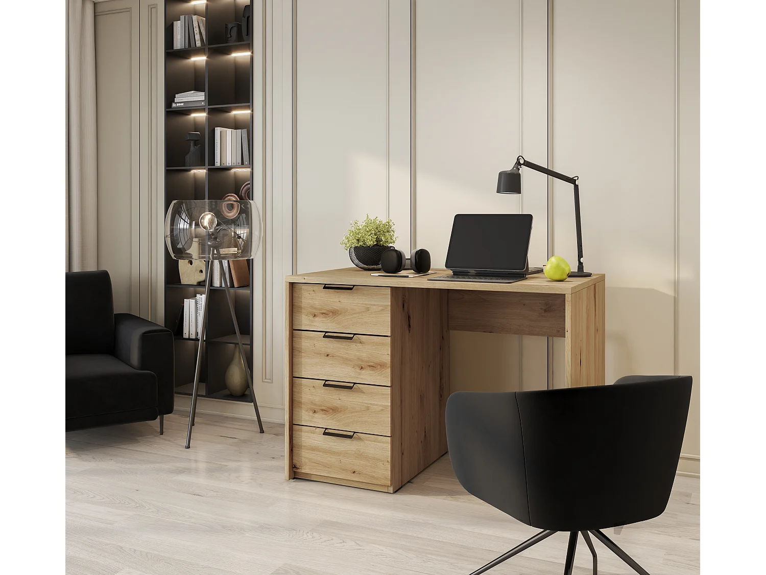 AROLD bureau – 120 of 140 cm – Mat wit of natuurlijk hout-Kleur Beige-Breedte 140cm