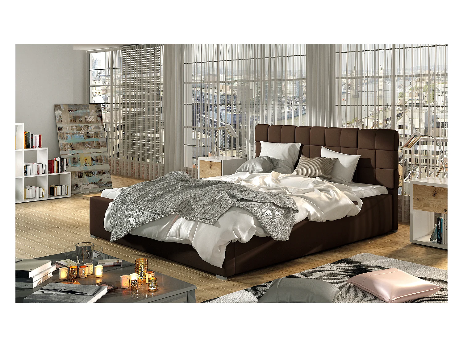 Lit double avec sommier Kanda – Simili cuir capitonné-Marron foncé-160x200