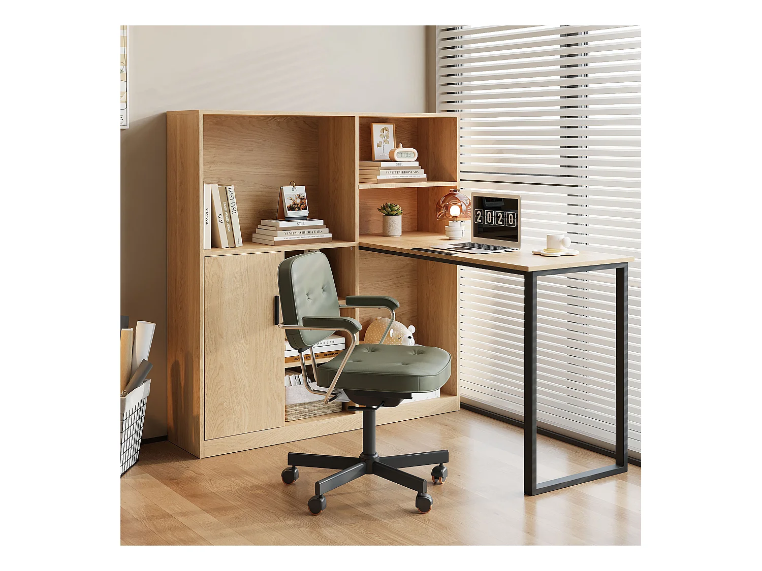 Bureau avec 1 portes et 6 niches, cadre en MDF en placage woodgrain naturel clair et métal noir - 120x50x120cm