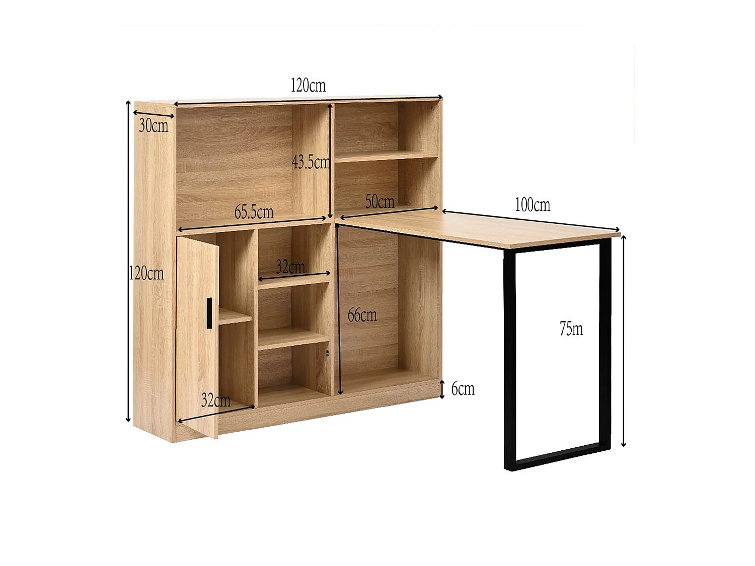 Bureau avec 1 portes et 6 niches, cadre en MDF en placage woodgrain naturel clair et métal noir - 120x50x120cm