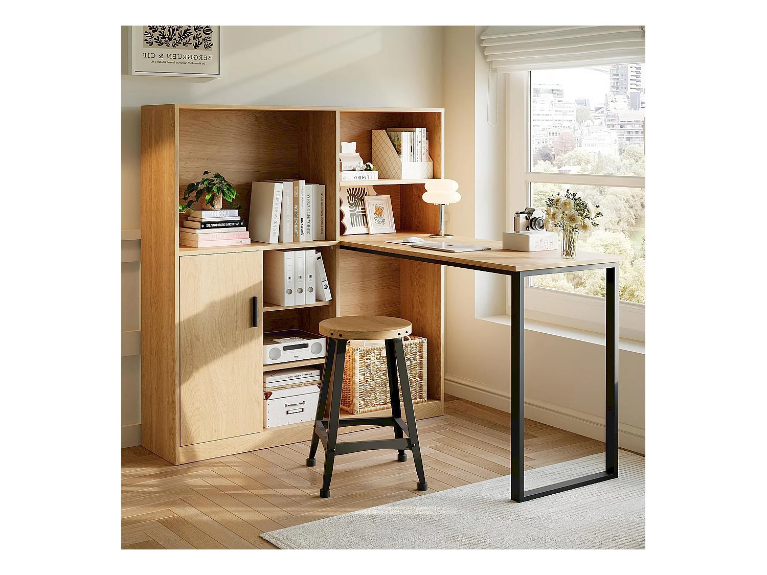 Bureau avec 1 portes et 6 niches, cadre en MDF en placage woodgrain naturel clair et métal noir - 120x50x120cm