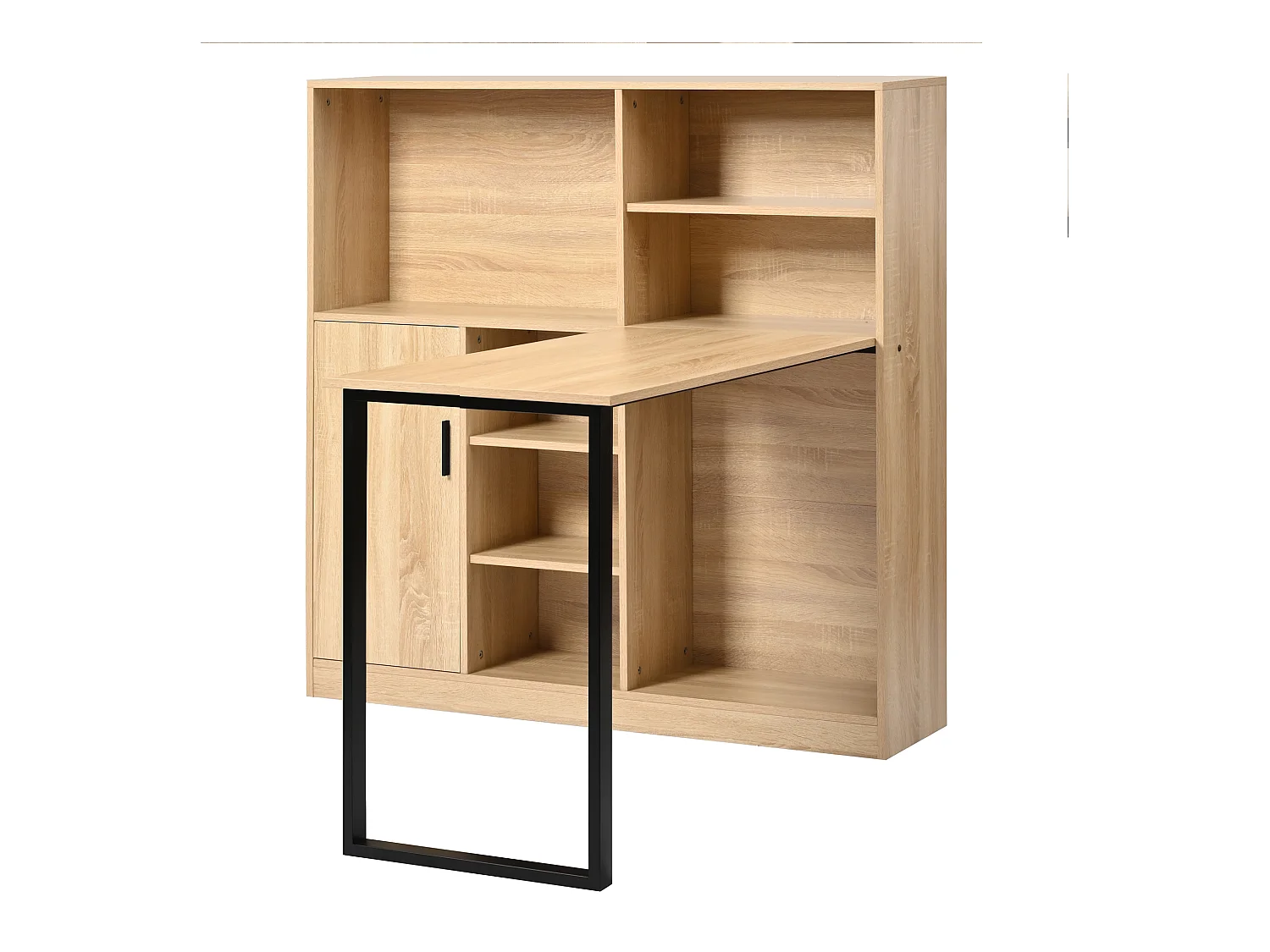 Bureau avec 1 portes et 6 niches, cadre en MDF en placage woodgrain naturel clair et métal noir - 120x50x120cm