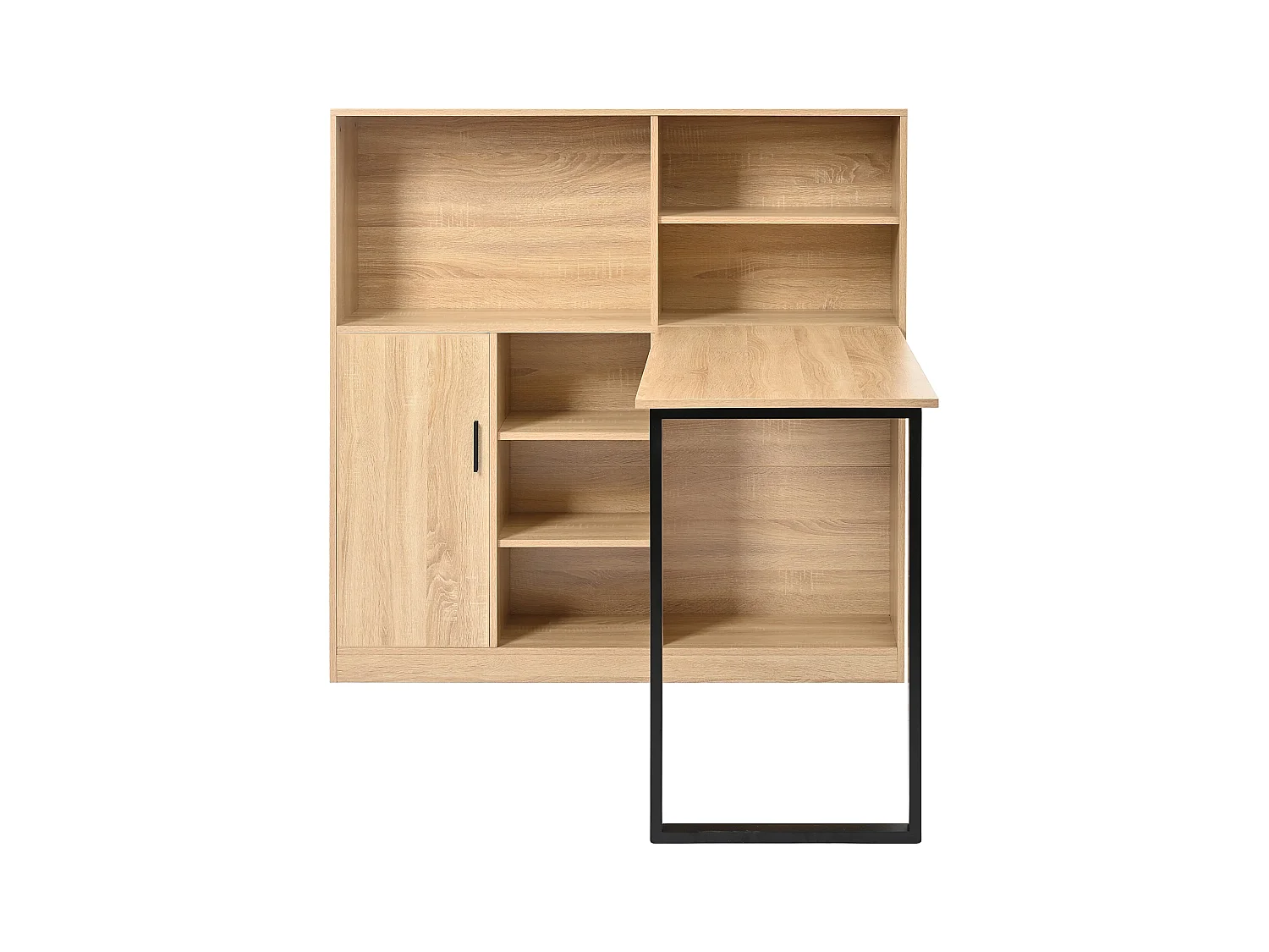 Bureau avec 1 portes et 6 niches, cadre en MDF en placage woodgrain naturel clair et métal noir - 120x50x120cm
