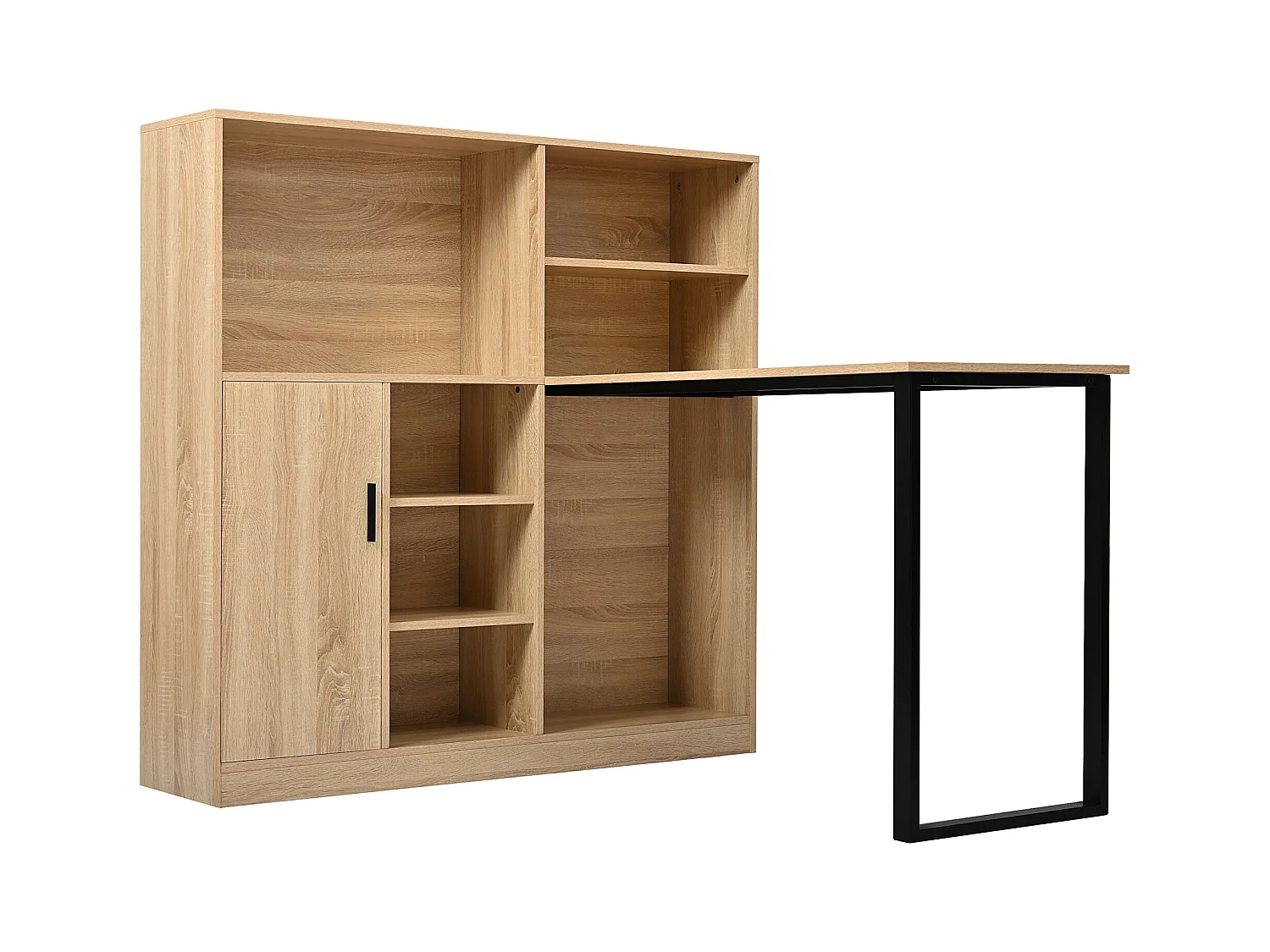 Secretária com 1 porta e 6 nichos, estrutura em MDF folheado a madeira natural clara e metal preto - 120x50x120cm