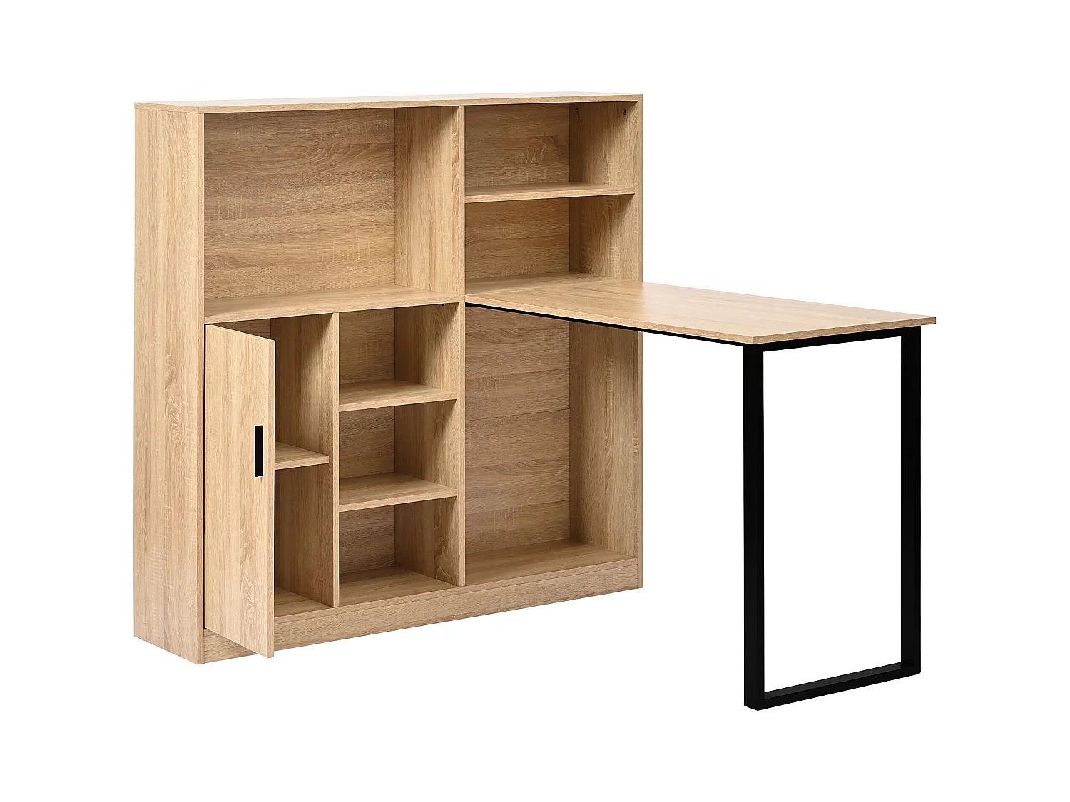 Secretária com 1 porta e 6 nichos, estrutura em MDF folheado a madeira natural clara e metal preto - 120x50x120cm