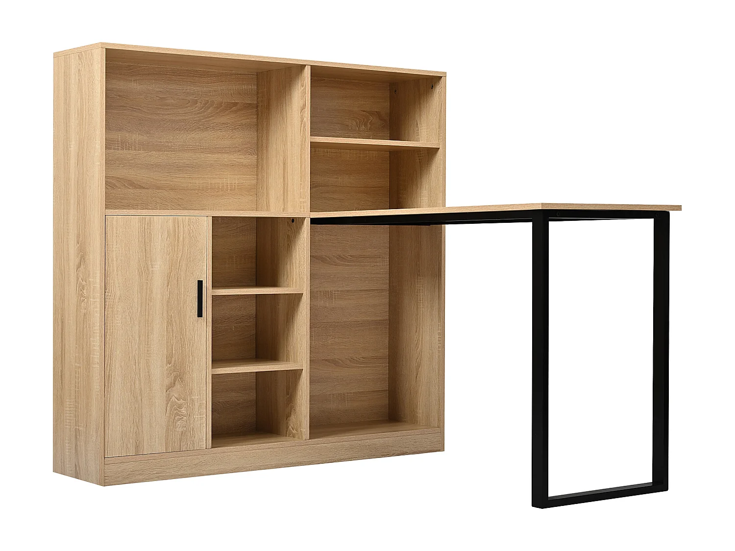 Bureau avec 1 portes et 6 niches, cadre en MDF en placage woodgrain naturel clair et métal noir - 120x50x120cm