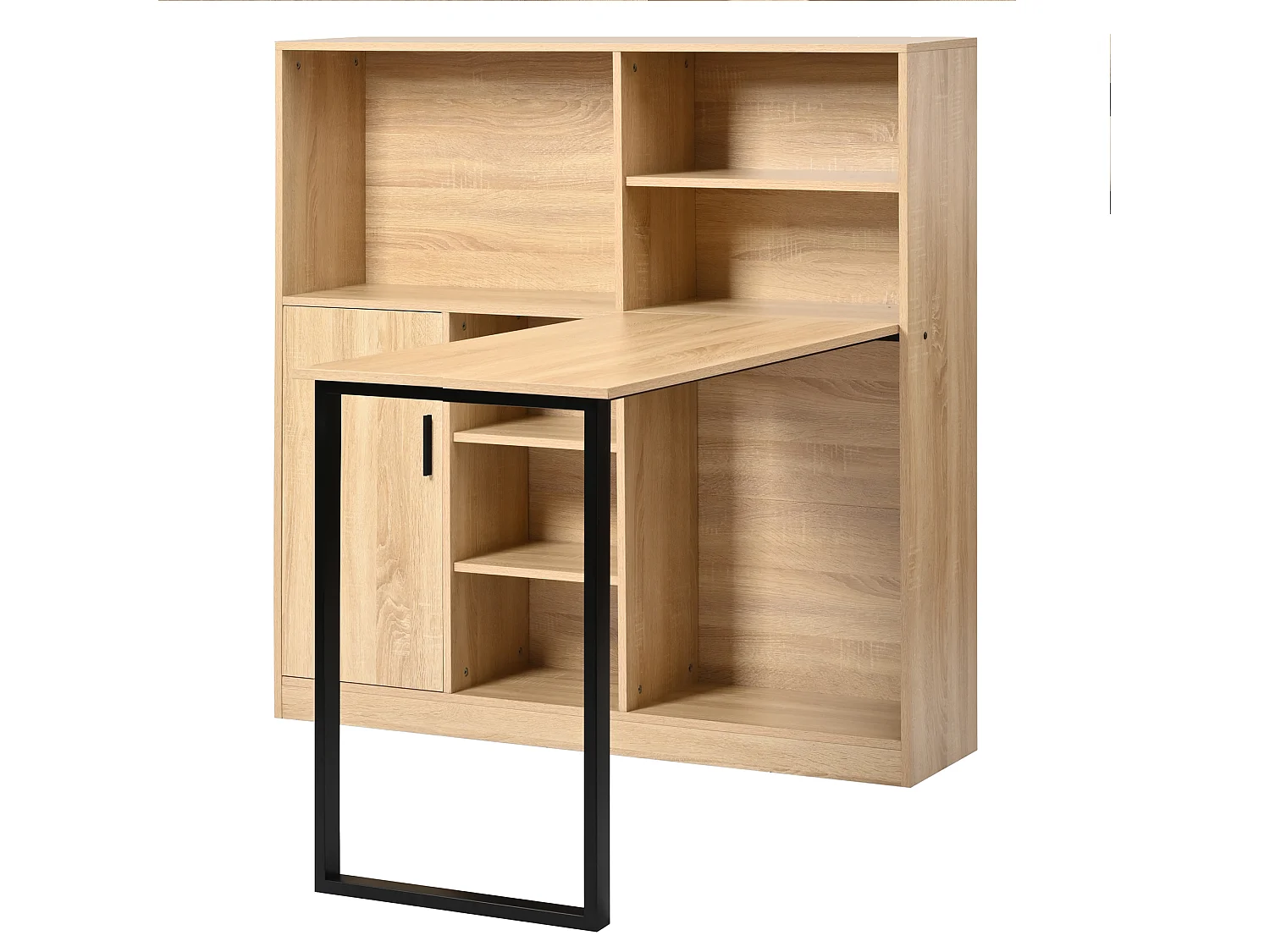 Bureau avec 1 portes et 6 niches, cadre en MDF en placage woodgrain naturel clair et métal noir - 120x50x120cm