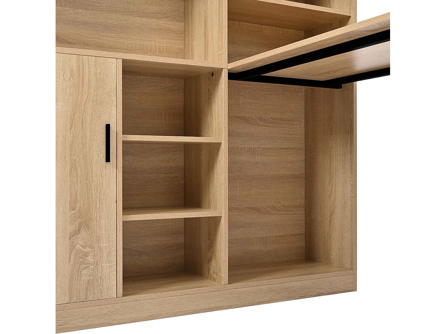 Bureau avec 1 portes et 6 niches, cadre en MDF en placage woodgrain naturel clair et métal noir - 120x50x120cm