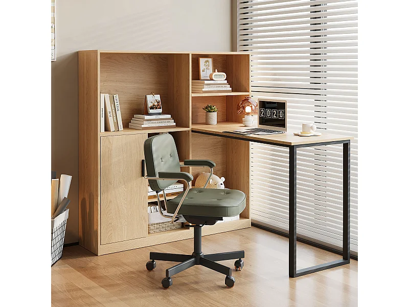 Bureau avec 1 portes et 6 niches, cadre en MDF en placage woodgrain naturel clair et métal noir - 120x50x120cm