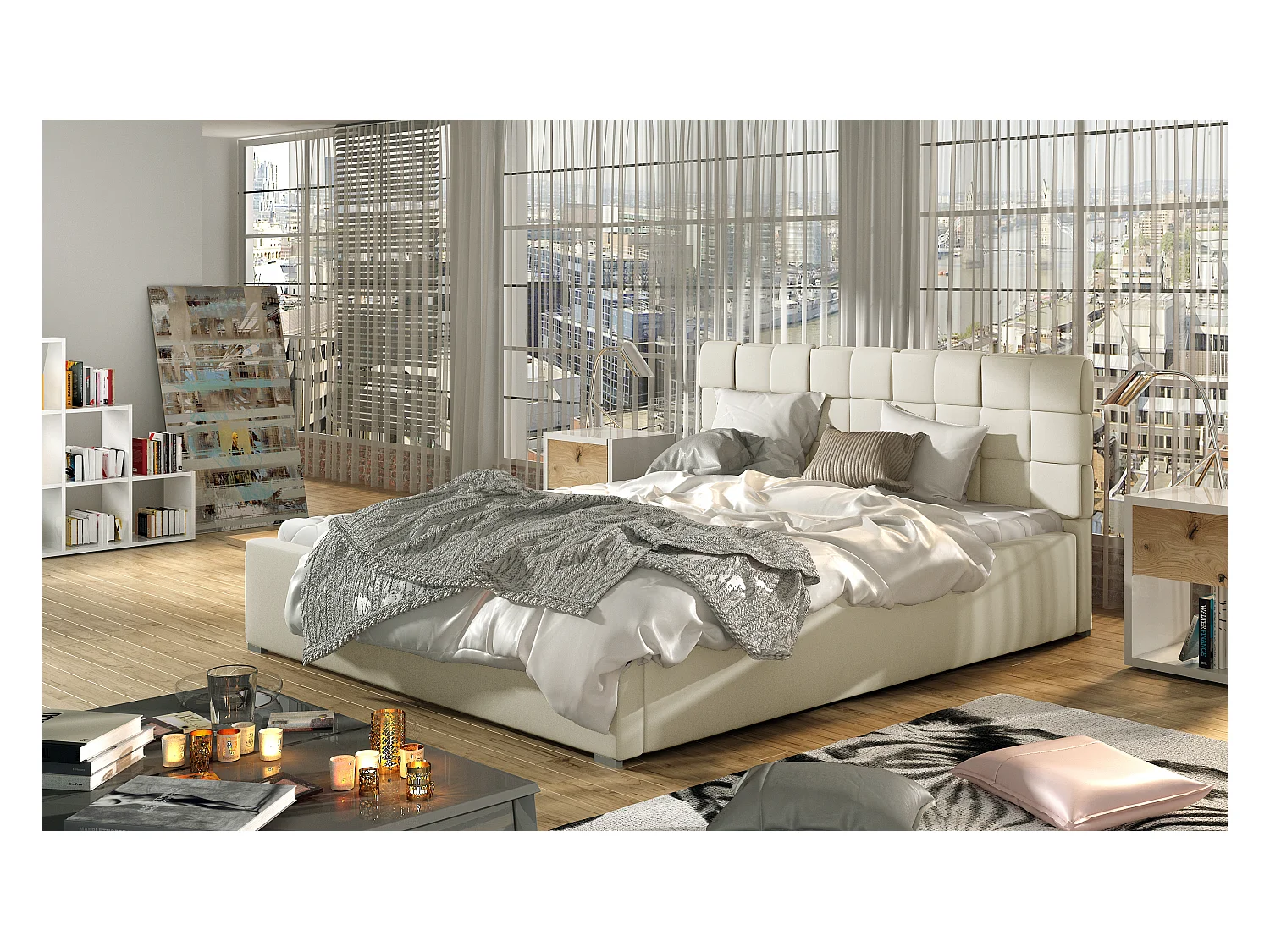 Tweepersoonsbed met Kanda boxspring – Gewatteerd kunstleer-Kleur Licht beige-Slapen 160x200cm