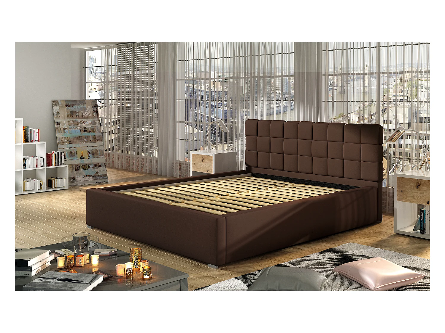 Tweepersoonsbed met Kanda boxspring – Gewatteerd kunstleer-Kleur Licht beige-Slapen 160x200cm